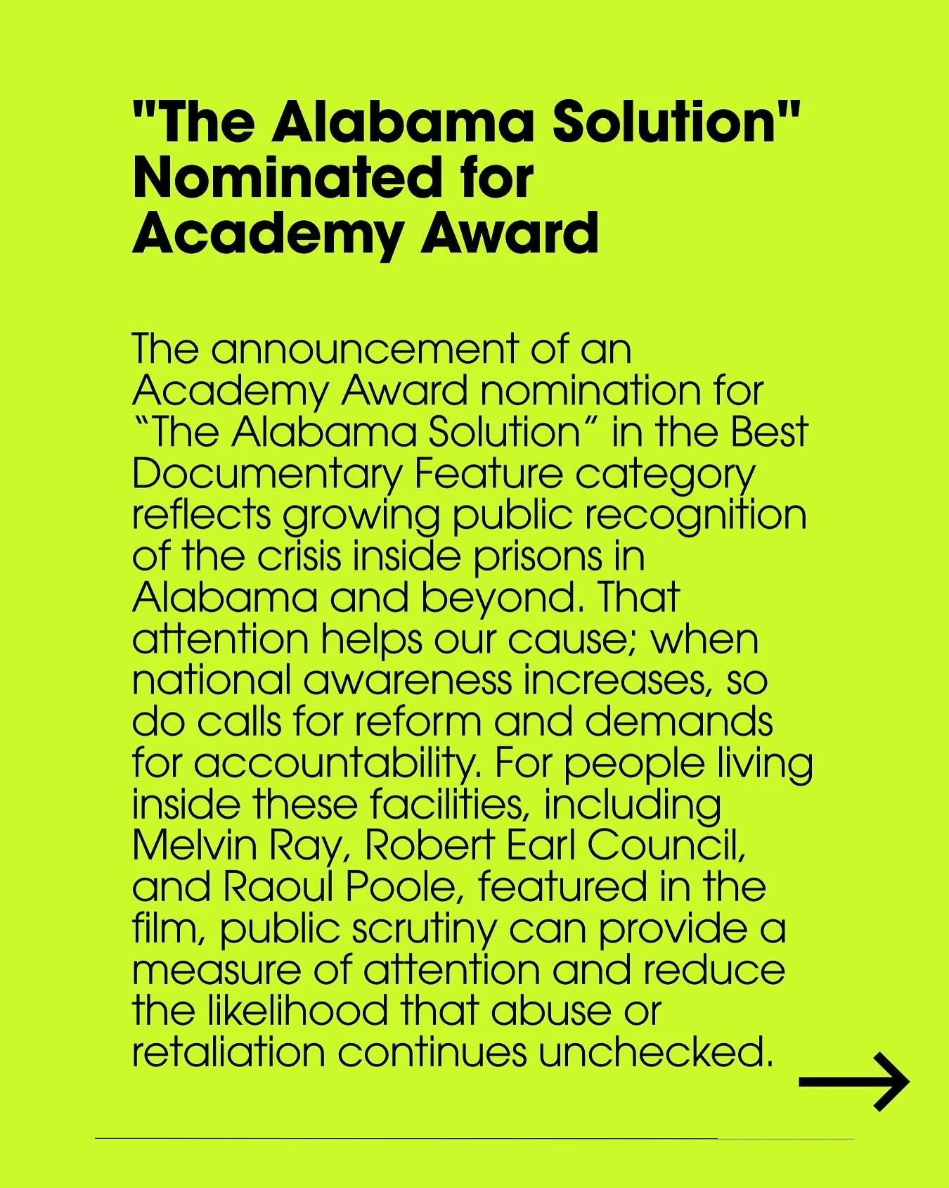 📢 The announcement of an Academy Award nomination for @thealabamasolution in the Best Documentary Feature category reflects growing public recognition of the crisis inside prisons in Alabama and beyond. That attention helps our cause; when national 