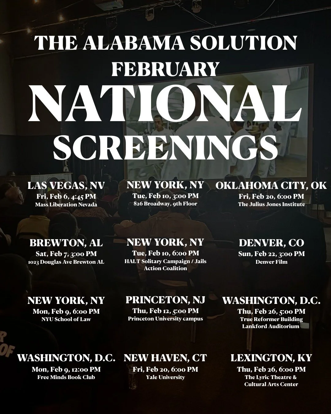 February screenings are here. Community conversations around @thealabamasolution continue nationwide. Check the list to find a screening near you. 

#prisonreform #CJreform #AlabamaPolitics #AlabamaPrisons  #TheAlabamaSolution