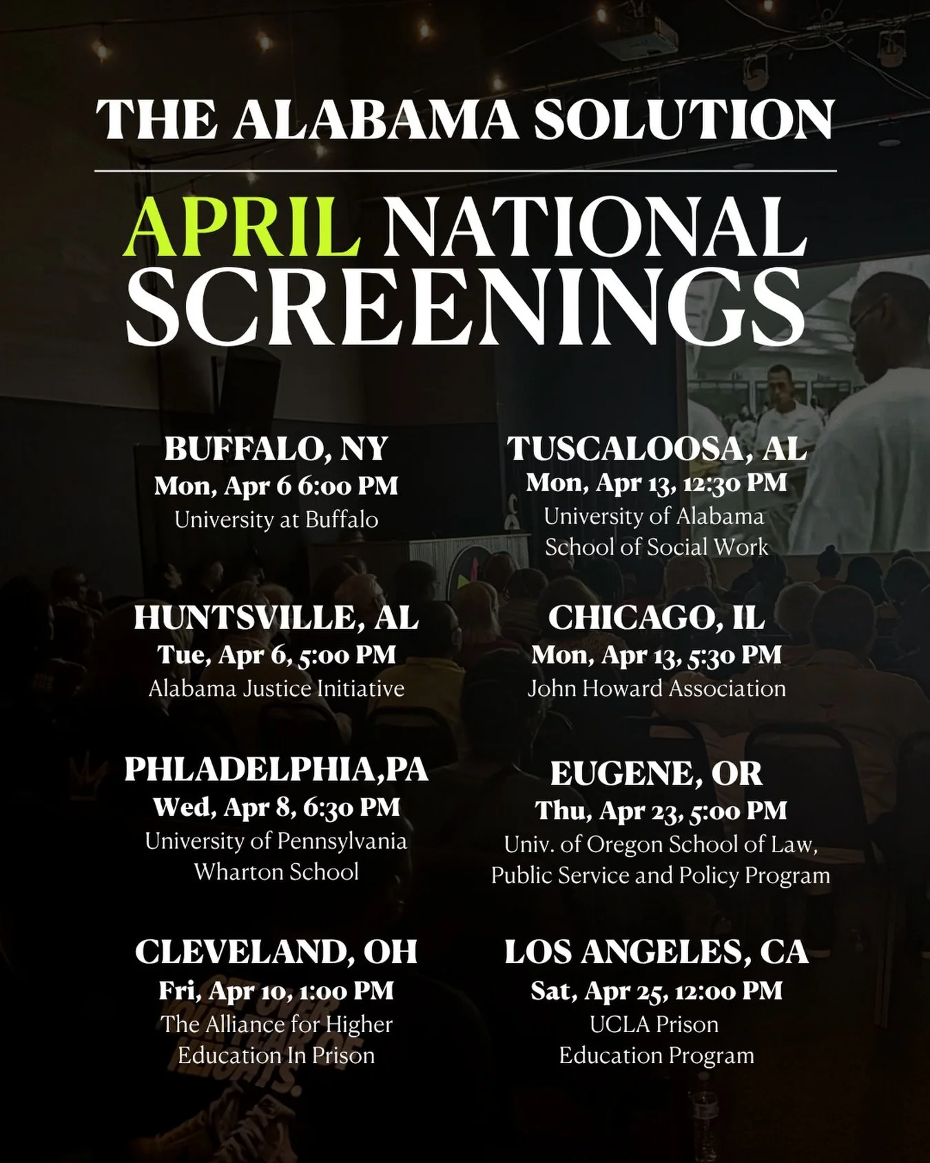 There are several screenings of @thealabamasolution this month happening across the country. If you've already seen the film, check out the list and share it with your friends and family who are nearby! #TheAlabamaSolution #CJReform #CriminalJustice 