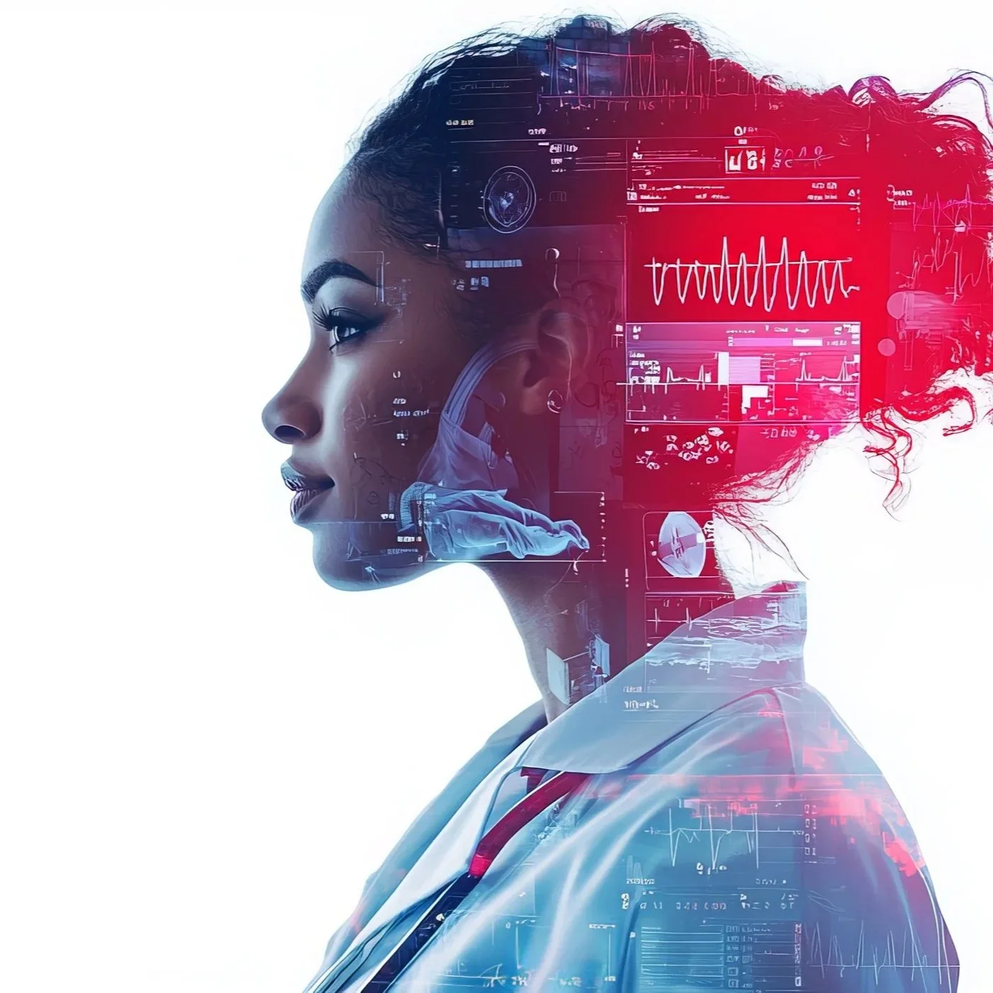 Side profile of a woman with a futuristic medical technology overlay, including electronic health records and heartbeat visuals.