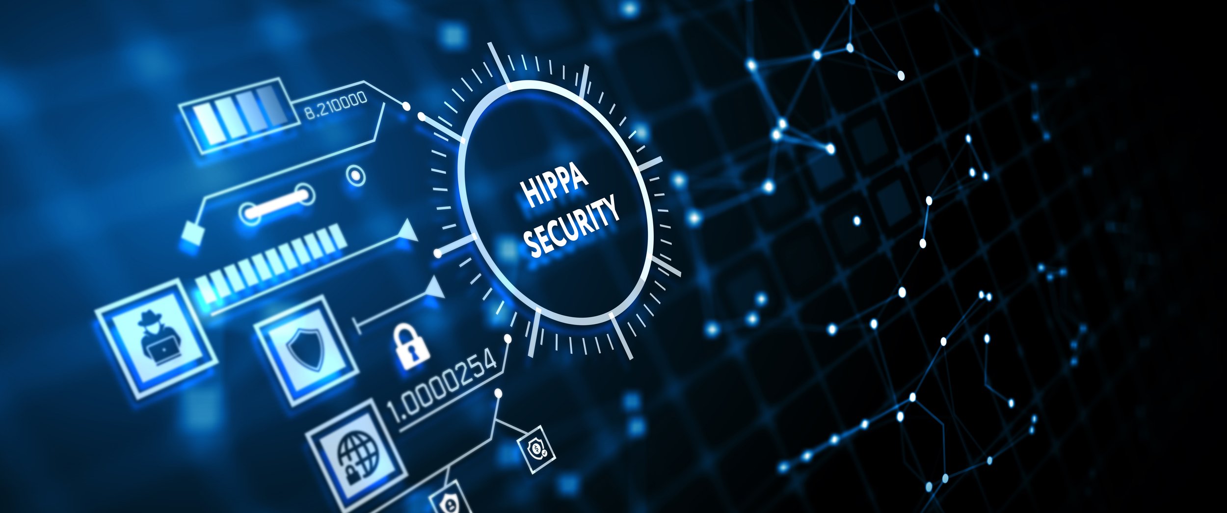 Digital graphic illustrating cybersecurity with the words 'HIPPA SECURITY' in a circular interface surrounded by security icons, network nodes, and data lines on a dark blue background.