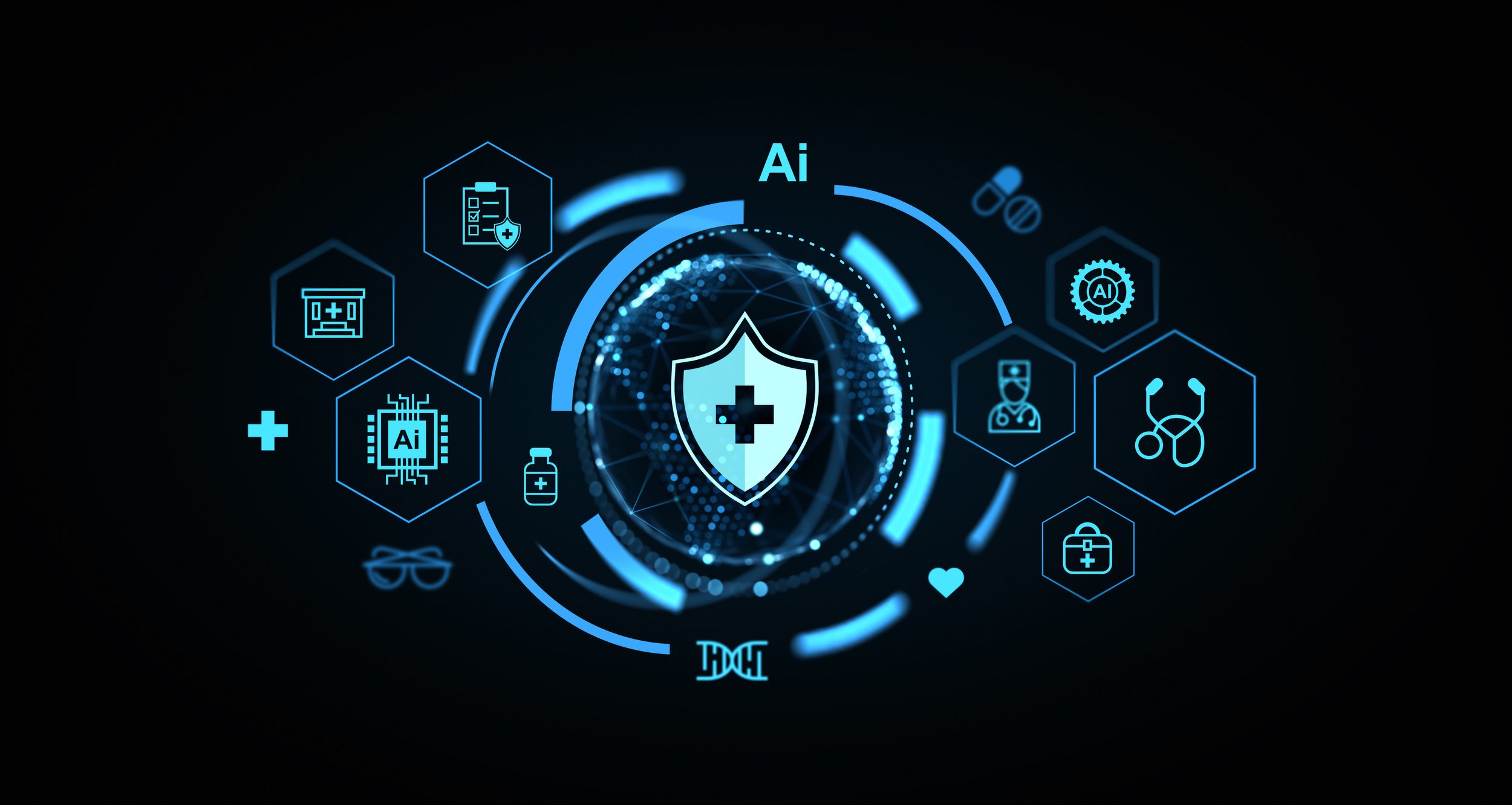 Digital illustration of healthcare and medical icons with a shield and cross in the center, representing health insurance or medical protection, surrounded by technology and artificial intelligence symbols.