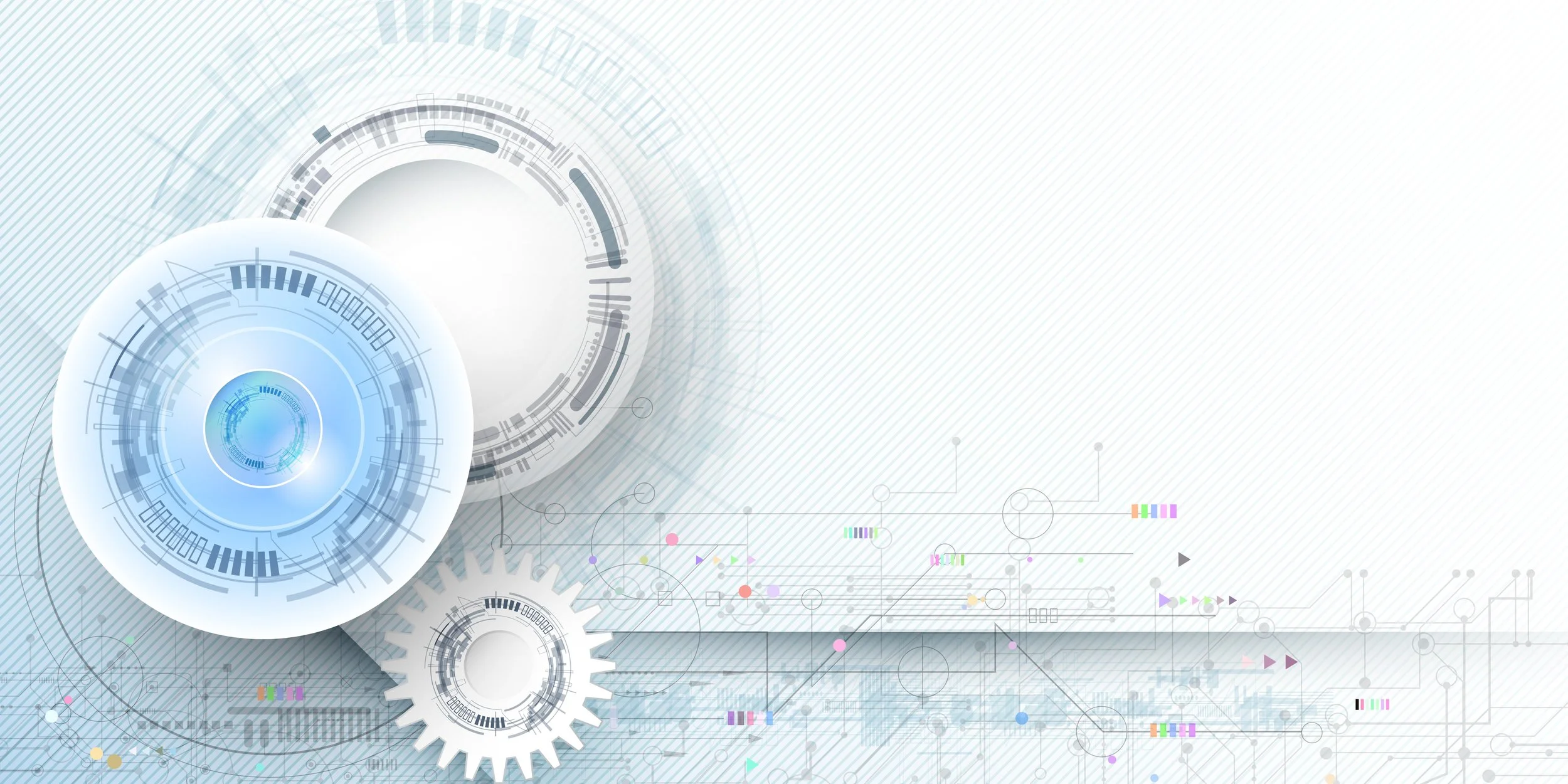 Futuristic digital interface with gears, circular HUD elements, and data visualization graphics on a light background.