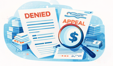 Illustration of denied and appeal documents with a magnifying glass, stacks of paper, and a money symbol.