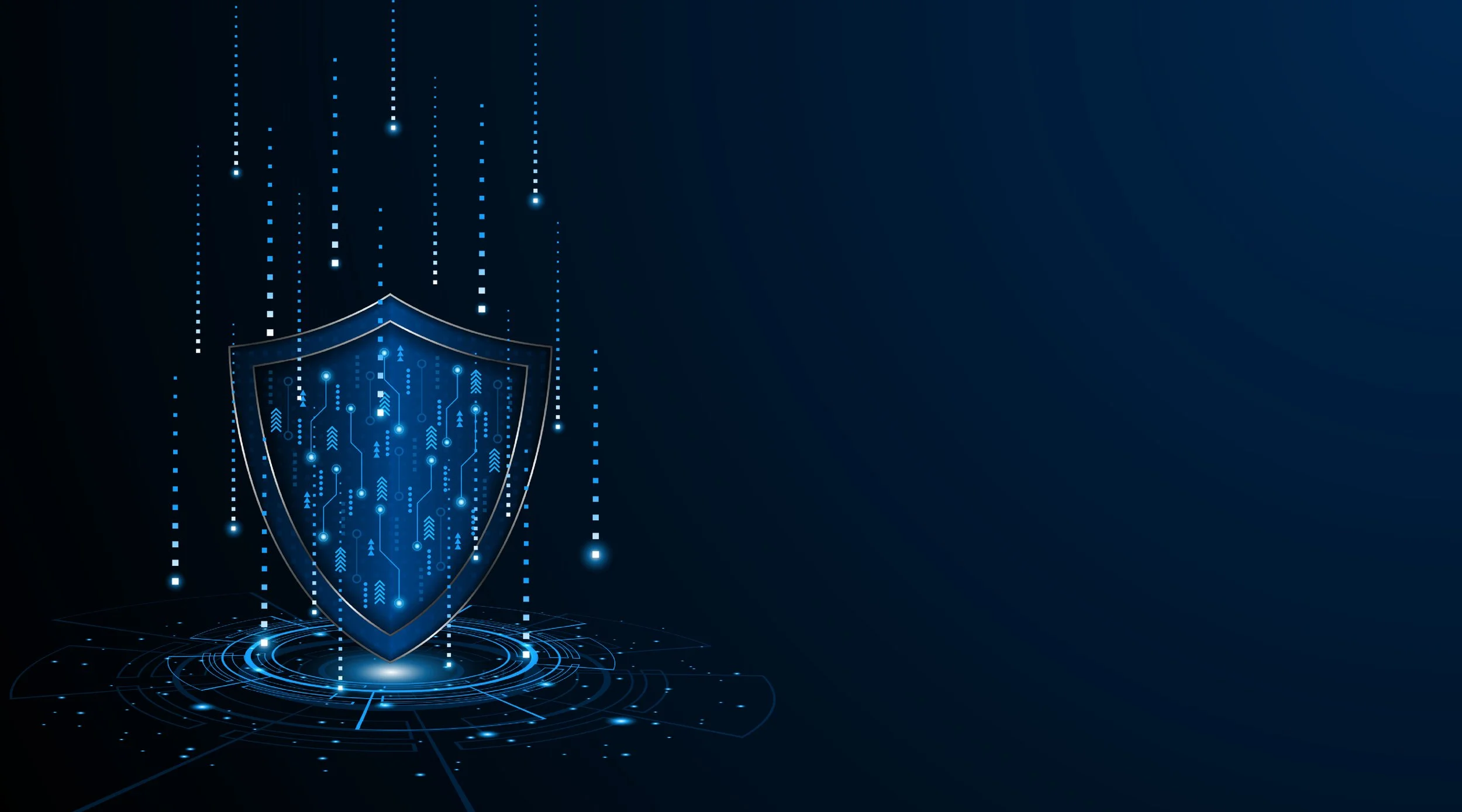 Digital illustration of a shield with circuit lines and data streams, symbolizing cybersecurity and digital protection against cyber threats.