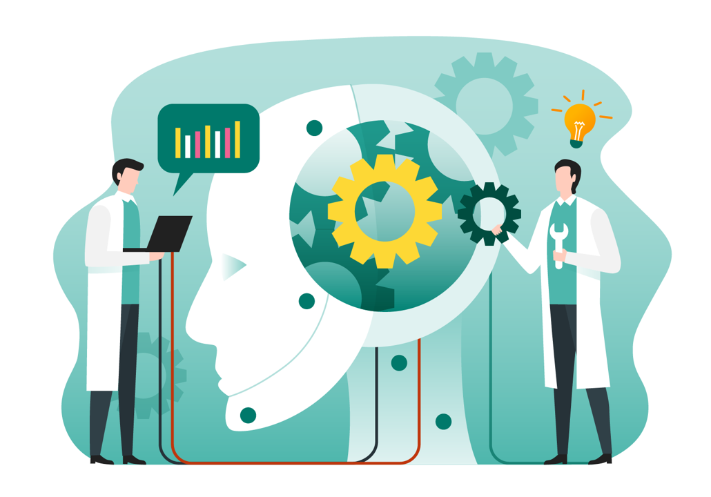 Illustration of two scientists working on artificial intelligence, with gears, a globe, and a lightbulb representing ideas and innovation.