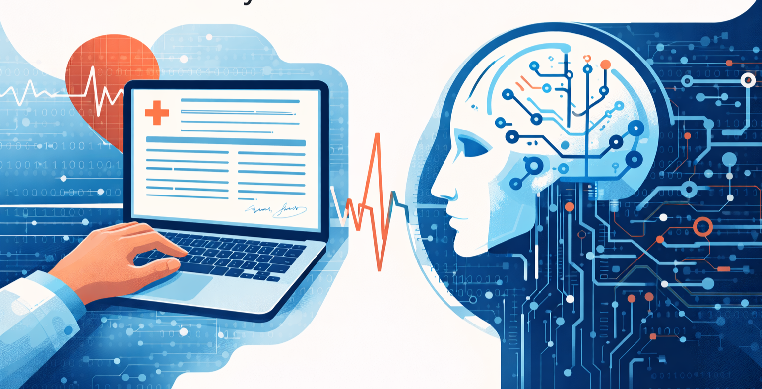 Digital illustration of a healthcare and artificial intelligence concept. On the left, a medical professional's hand is typing on a laptop with a health record displayed. On the right, a human head with a brain integrated with circuit board patterns, symbolizing AI and machine learning, with a heartbeat line connecting the two sides.