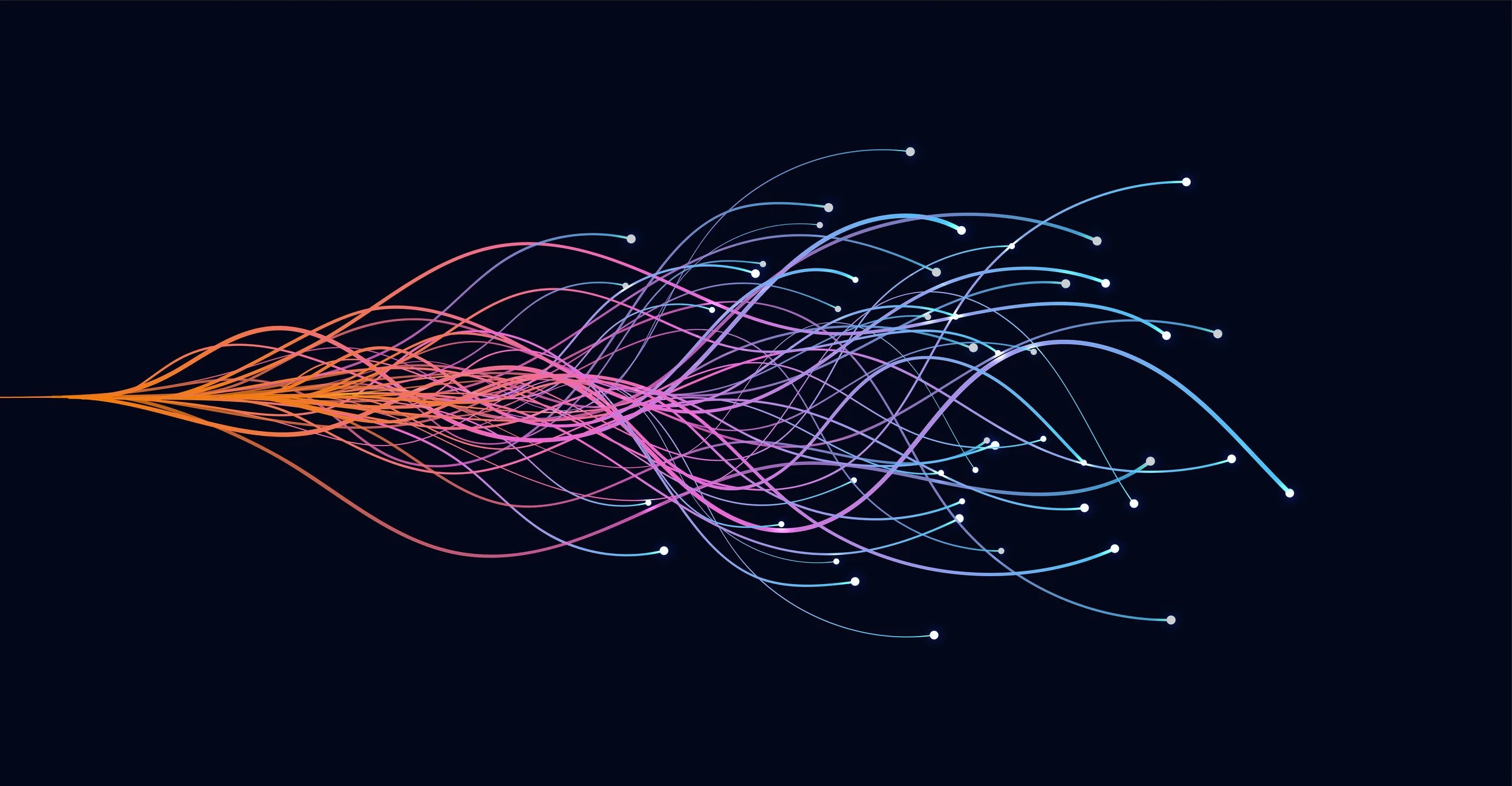 Abstract digital network visualization with multicolored interconnected lines on a dark background.