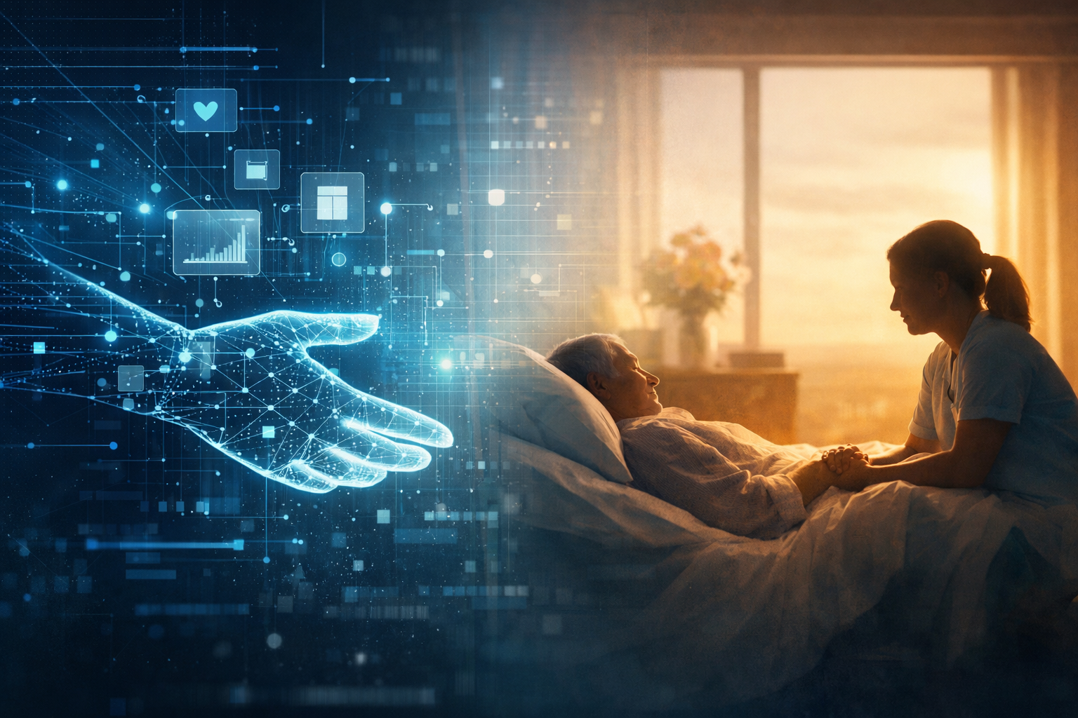 A nurse holding the hand of an elderly woman lying in bed with a digital overlay of a holographic interface and icons representing technology and data.