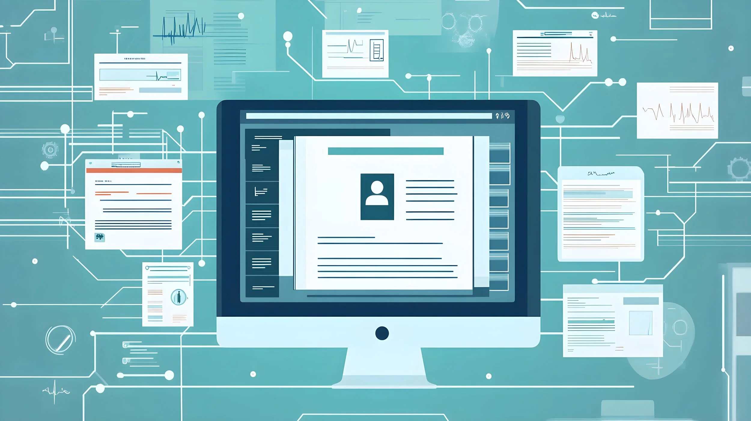 Digital illustration of a computer screen displaying a user profile with various UI elements, surrounded by floating digital documents and charts connected by lines and nodes, representing data connectivity.