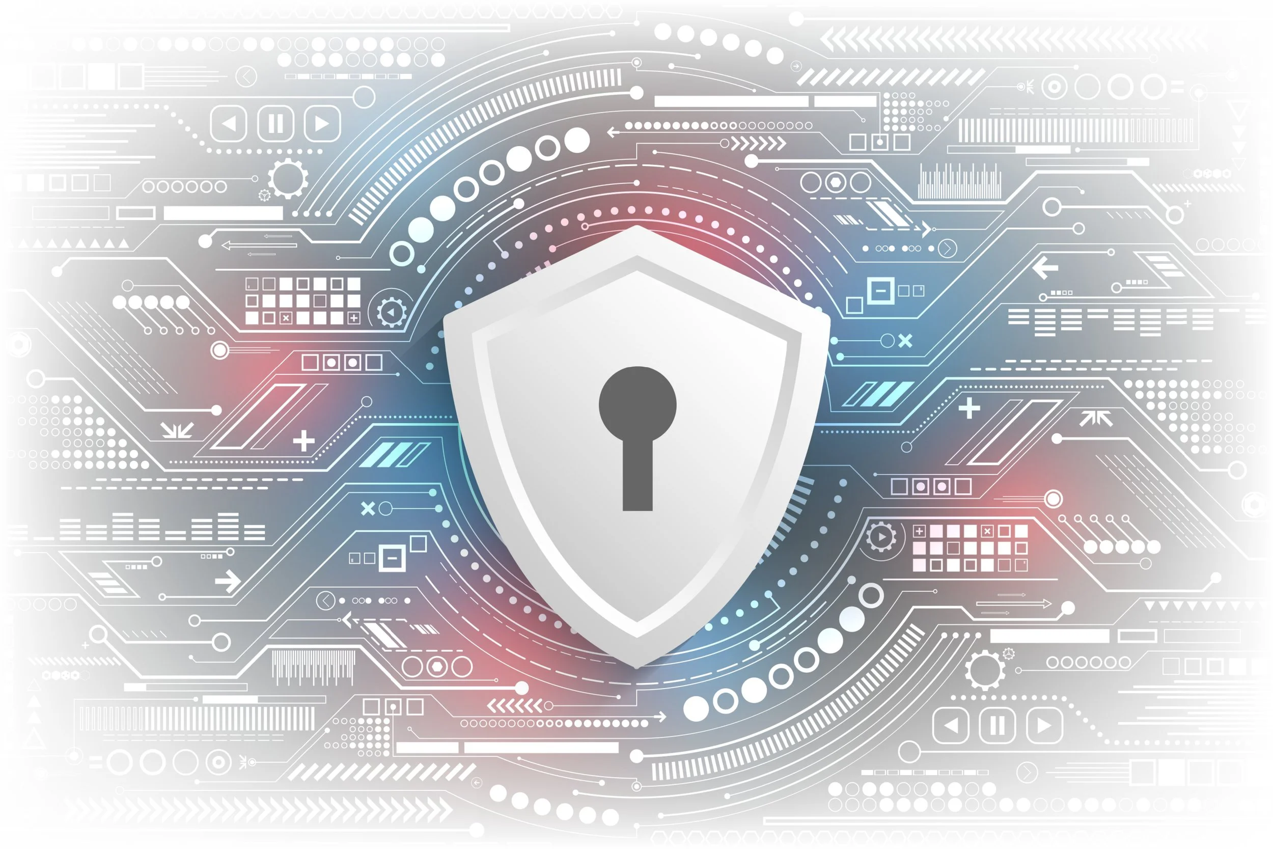 Digital illustration of a security shield with a keyhole at the center, overlaid on a background of abstract technological and cybersecurity icons and patterns in shades of blue, pink, and gray.