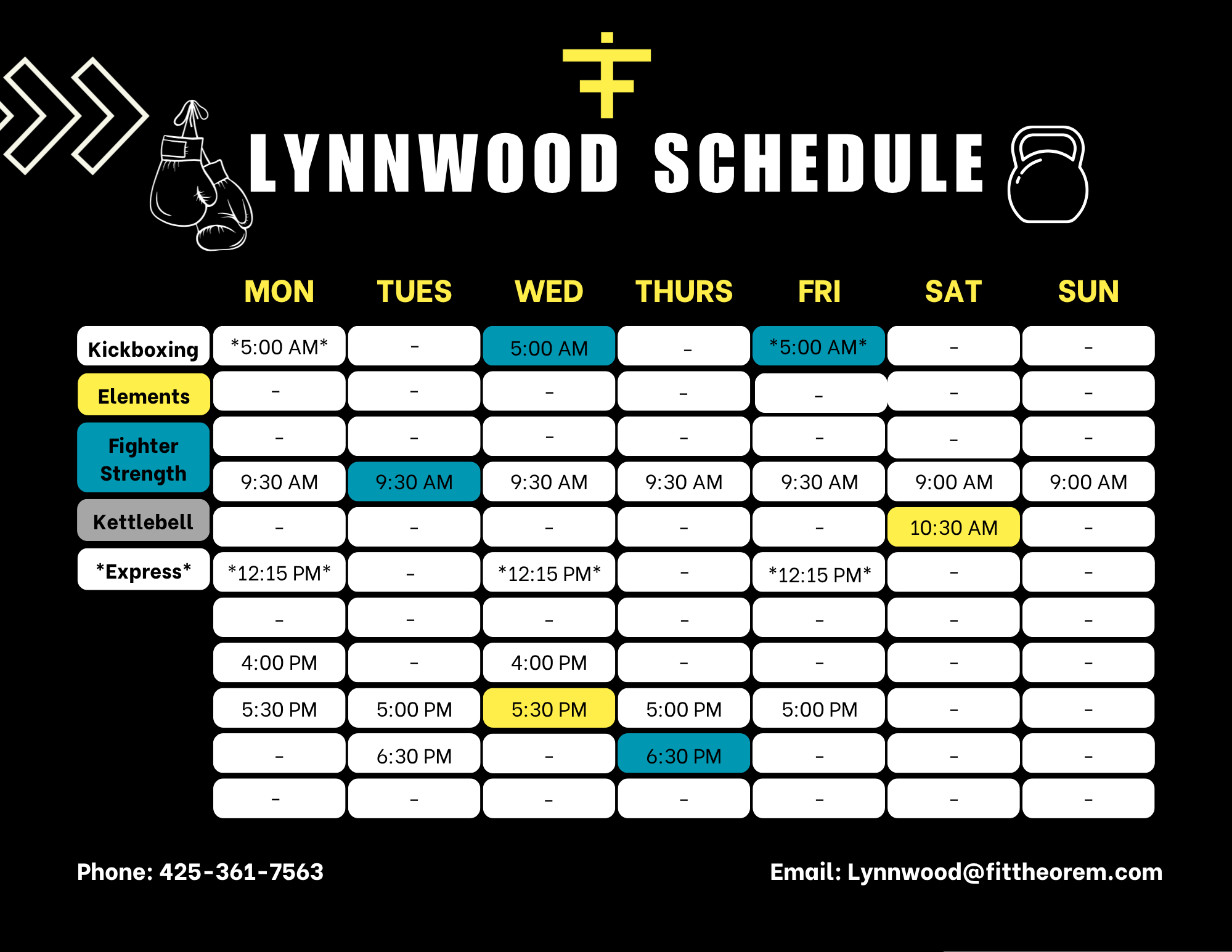Lynnwood fitness class schedule on a black background with icons of boxing gloves, a kettlebell, and a person lifting weights, listing classes for Monday through Sunday with times for kickboxing, elements, fighter strength, kettlebell, and express workouts.