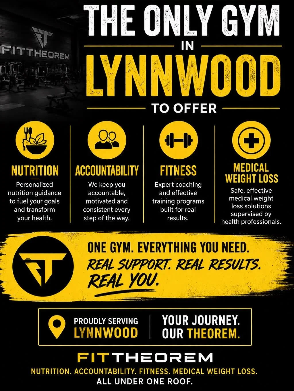 FitTheorem Lynnwood PNW, the only gym in Lynnwood to offer Nutrition, Accountability, Fitness and Medical Weight Loss. ONE GYM. EVERYTHING YOU NEED