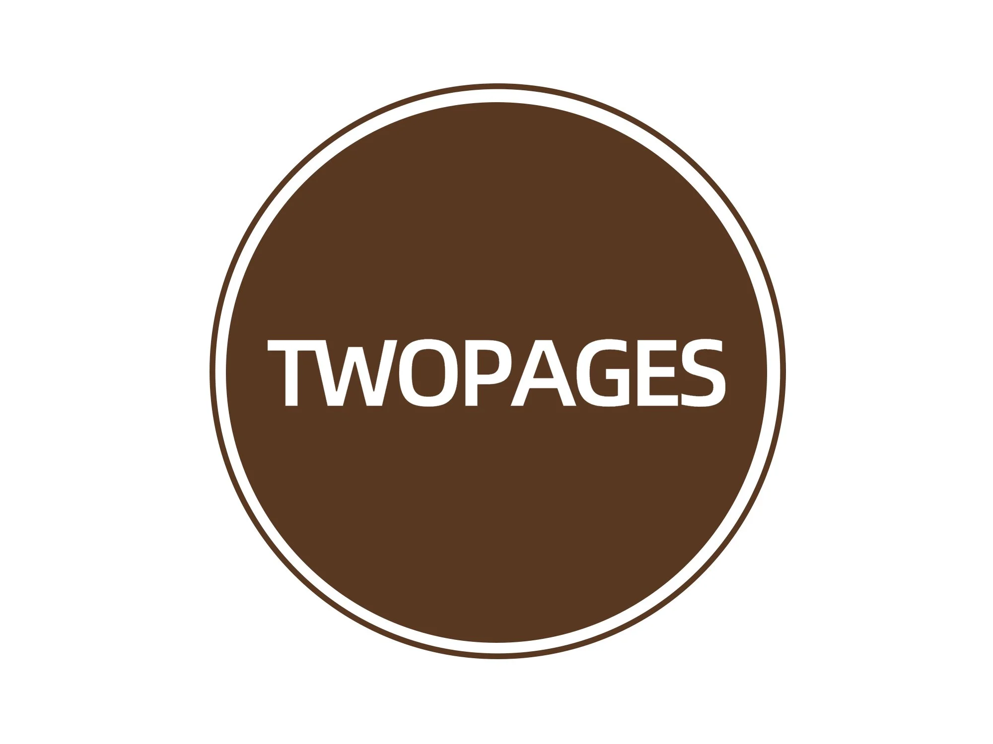 Brown circular logo with white border and text that reads "TWO PAGES" in the center.