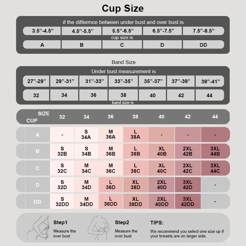 Chart illustrating bra sizing, including cup sizes (A, B, C, D, DD), band sizes (27-29 inches to 39-41 inches), and measurement tips with diagrams for measuring over the bust.
