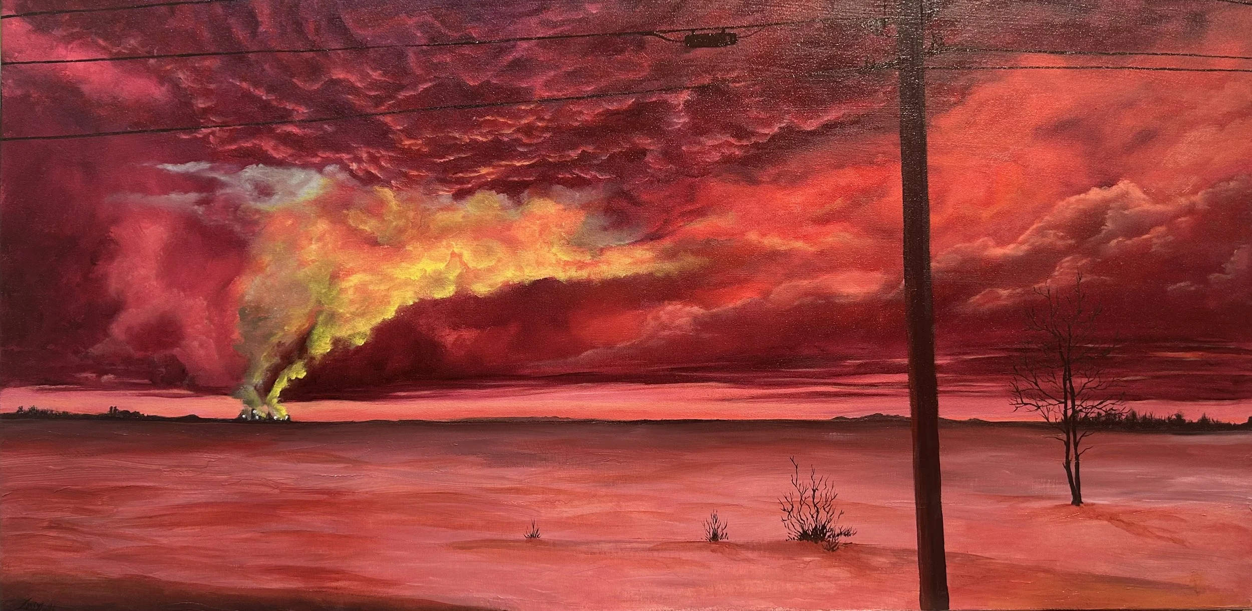 Paysage au coucher de soleil avec un ciel rougeâtre, un champ et deux arbres nus, un poteau électrique et de la fumée ou un feu au loin.