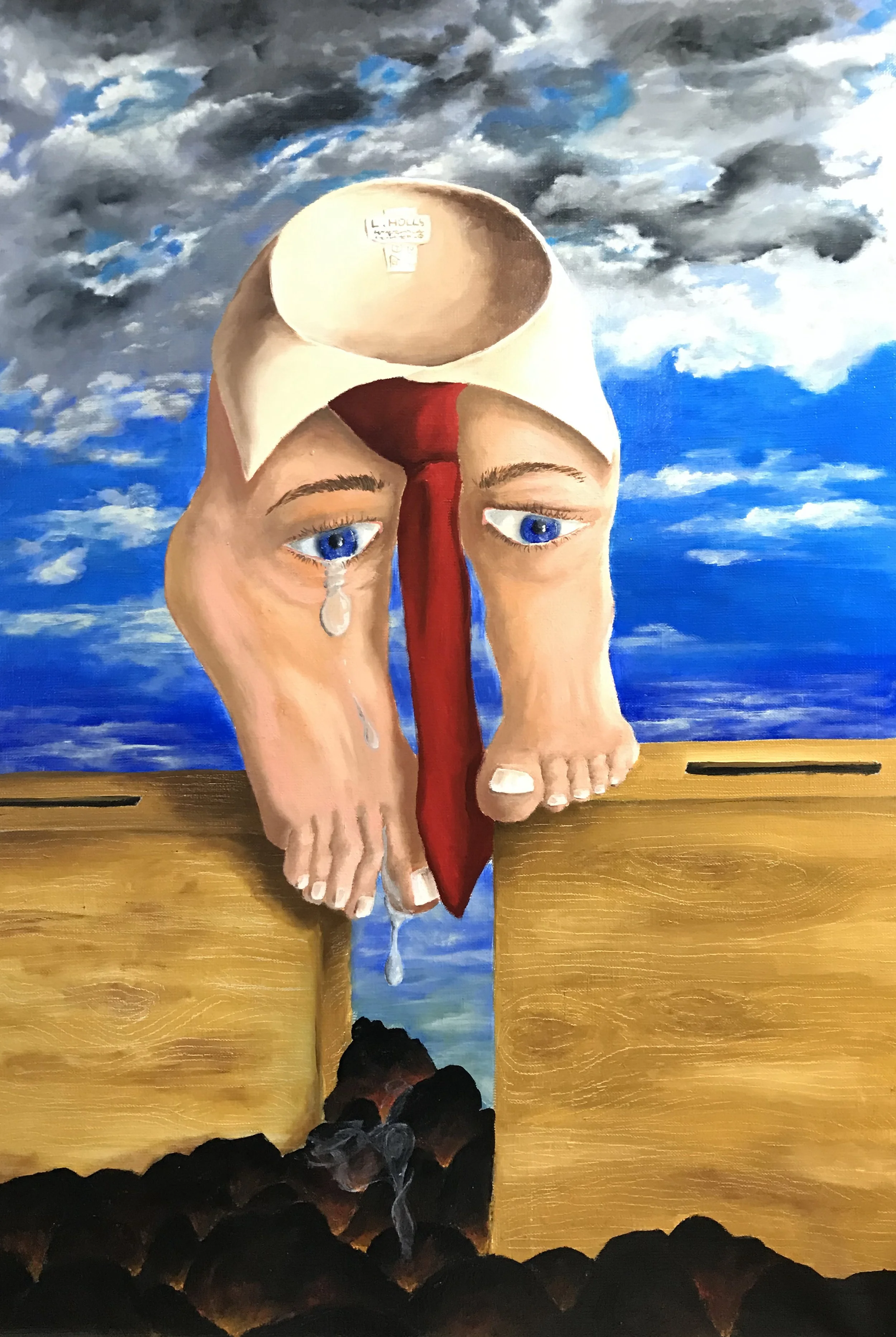 Peinture surréaliste d'une tête humaine coupée, avec une pièce vide à la place du cerveau, des yeux bleus pleurant des larmes, et une chaîne de fumée sortant d'un trou dans la tête, le tout sur un fond de ciel orageux et une surface en bois.