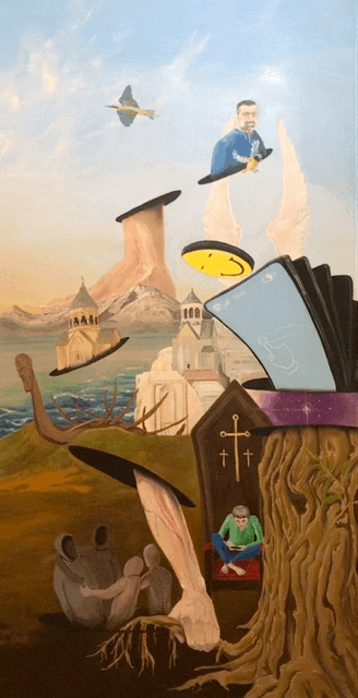 Une peinture surrealiste représentant un paysage avec des éléments flottants, une personne avec un oiseau, des bâtiments, une chaîne de téléphones, un homme lisant, un arbre creux avec des silhouettes, et un fond de montagne et de ciel.