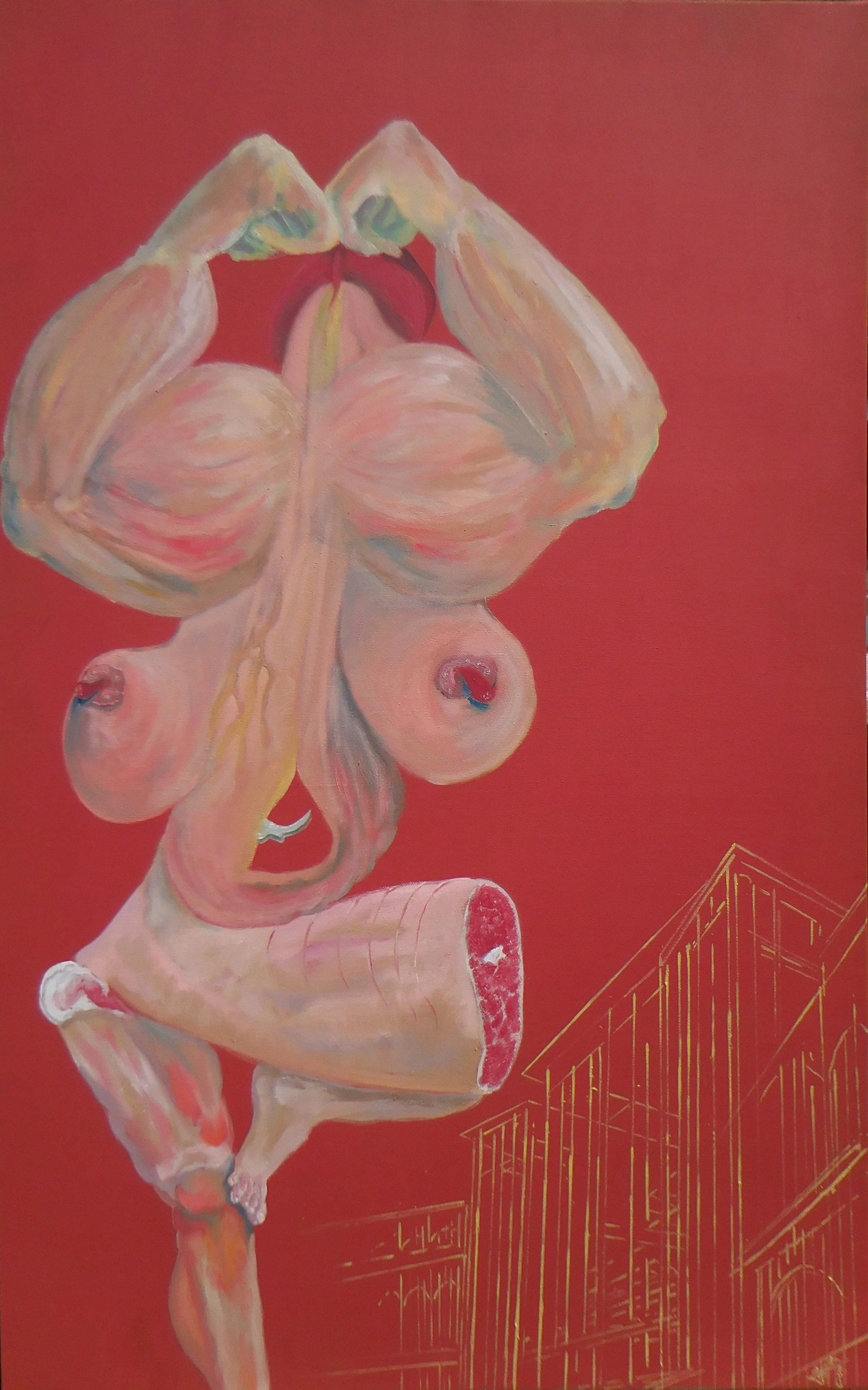 Une peinture artistique représentant un corps humain constitué de diverses parties comme des seins, un sexe, et une jambe, sur un fond rouge avec des dessins de bâtiments en ligne fine en bas à droite.