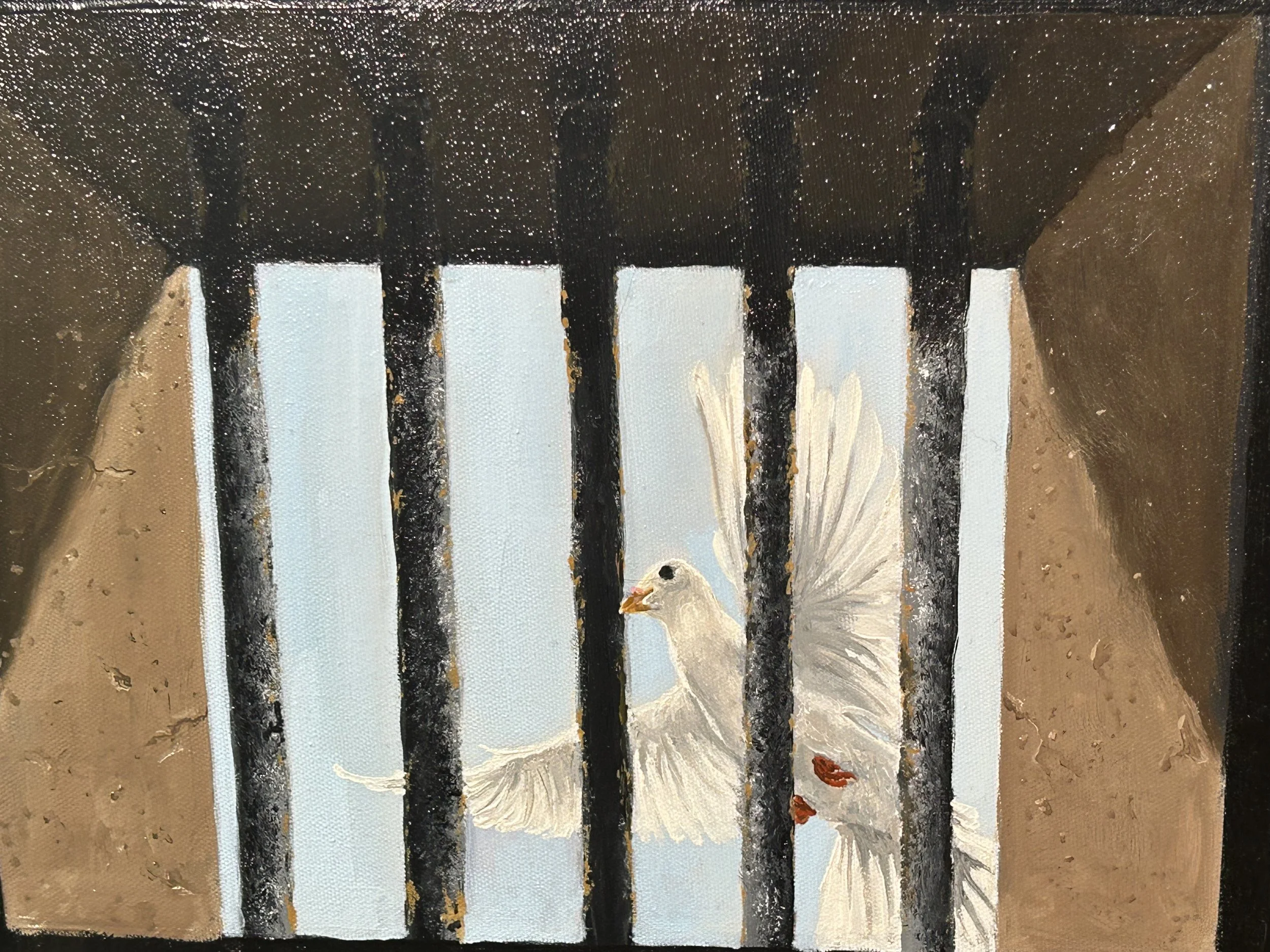 Peinture représentant une colombe derrière des barreaux de prison, avec un fond de ciel bleu et des murs en pierre.