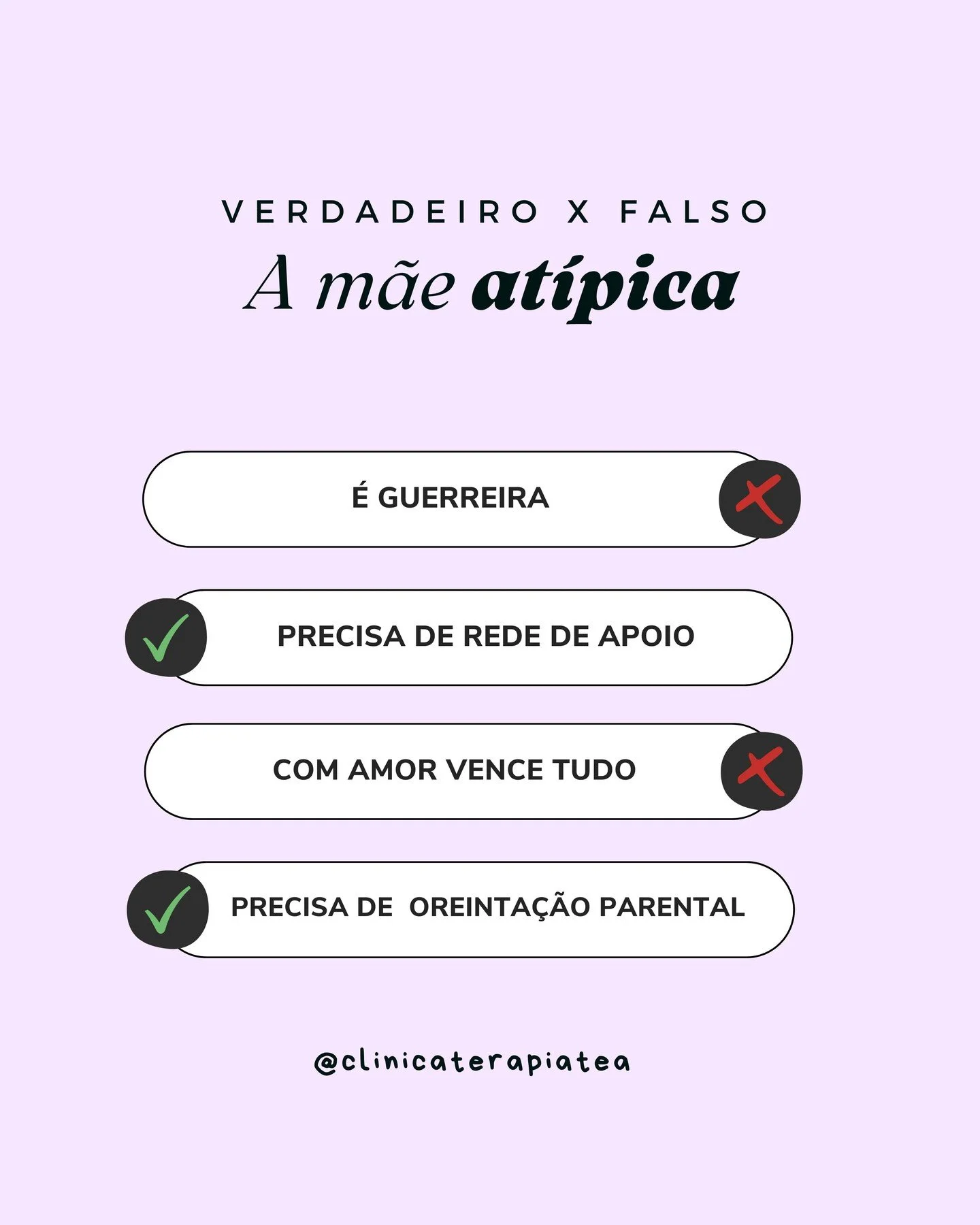 Verdadeiro ou falso sobre a maternidade at&iacute;pica?

Ser m&atilde;e at&iacute;pica n&atilde;o significa ser forte o tempo todo, nem que s&oacute; o amor resolve tudo.
A verdade &eacute; que nenhuma m&atilde;e deveria caminhar sozinha.

✔️ Rede de