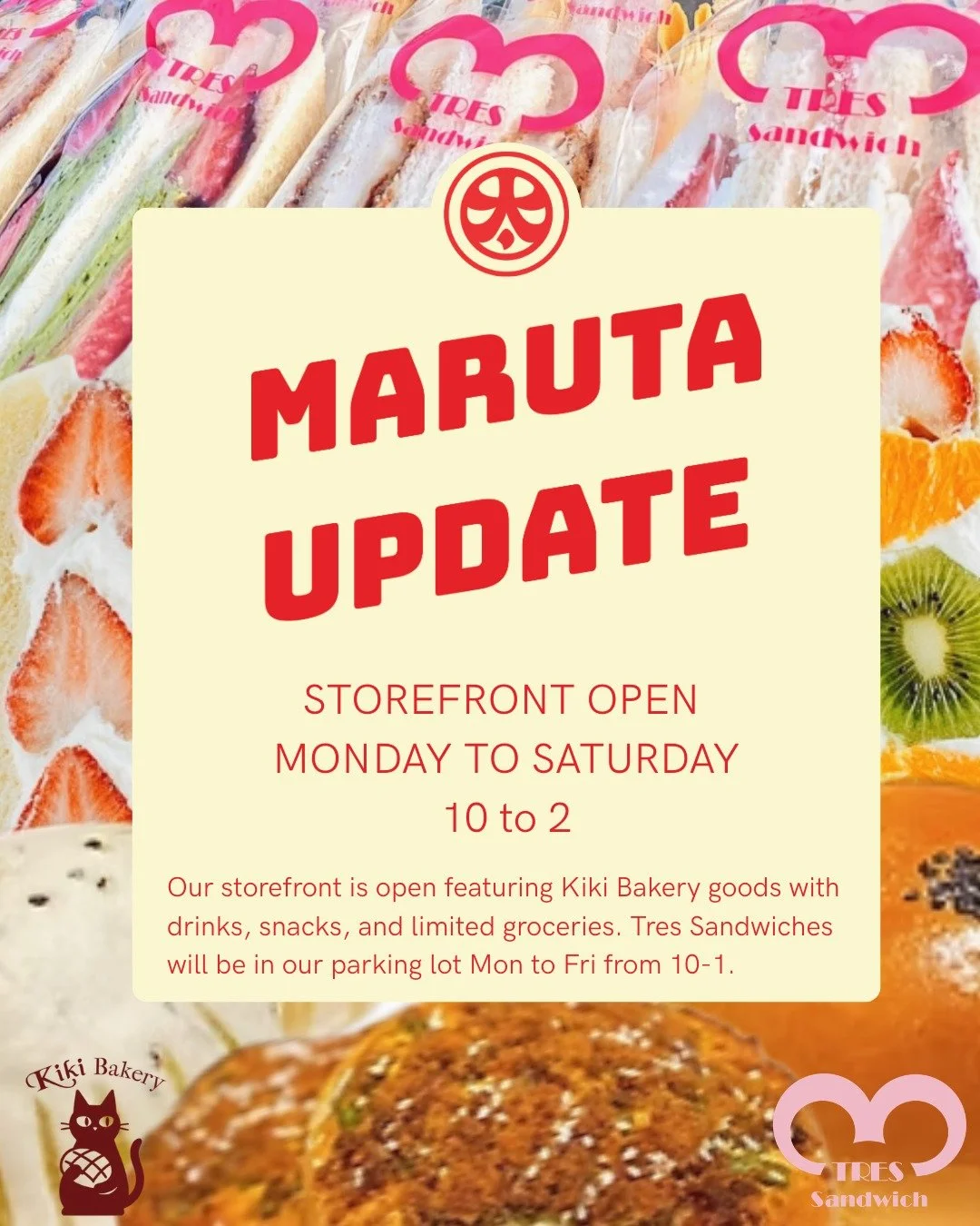 The storefront is open with limited stock! Stop by for Kiki Bakery's tasty pastries and Tres Sandwiches! Feel free to drop into our DMs or give us a call to inquire if we have specific groceries. Kitchen and deli is still closed temporarily. STAY TUN