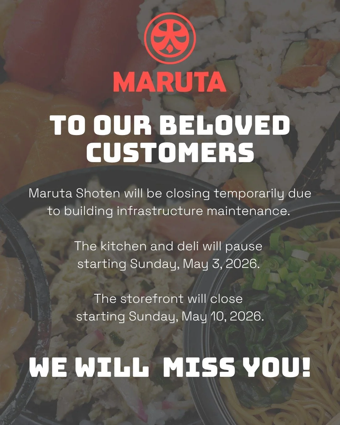 The kitchen and deli will pause operations as of Sunday, May 3, 2026. The storefront will close temporarily as of Sunday, May 10, 2026. Stay tuned here for updates!