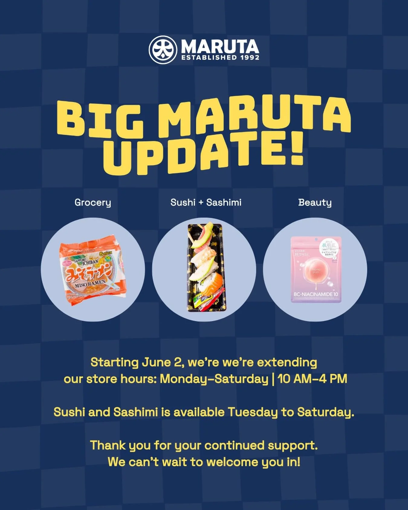 Your Maruta favorites are making their return 💙⁠
⁠
Now open 10am to 4pm Monday to Saturday with sushi and sashimi available Tuesday to Saturday⁠
⁠
#MarutaSeattle #SeattleEats #JapaneseGrocery #GeorgetownSeattle