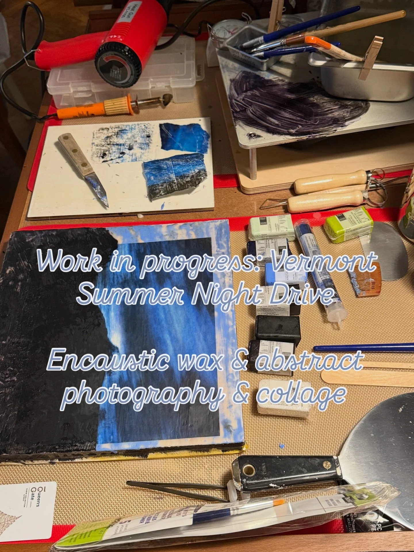 Work In Progress:  A triptych series about a magic summer&rsquo;s night drive down a Vermont country road featuring abstract photography, collage, and encaustic. Simple at simple&rsquo;s best! @lblonder