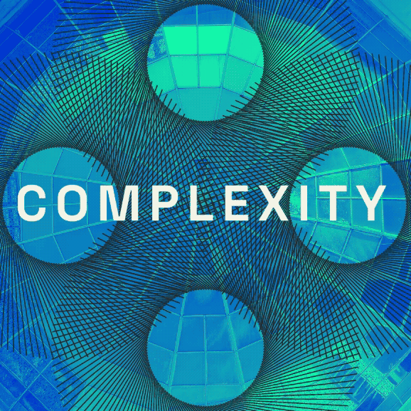 Abstract digital artwork featuring interconnected spheres and grid patterns in shades of blue and green with the word "COMPLEXITY" in white text across the center.