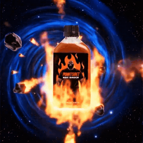 A bottle labeled 'PointSbet Hot Sauce' is shown with flames and planets in the background, giving a fiery, space-themed appearance.