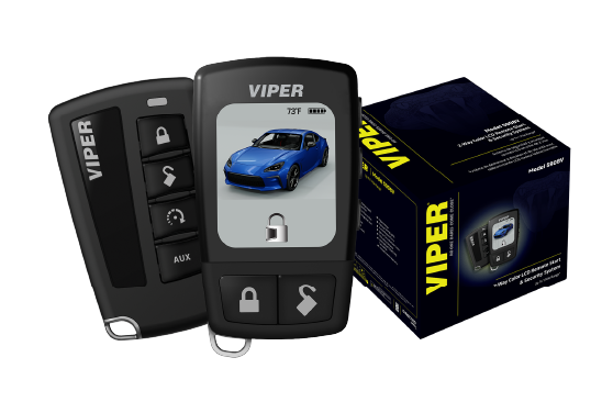 Two VIPER car alarm remotes and a black box packaging with yellow and blue text.