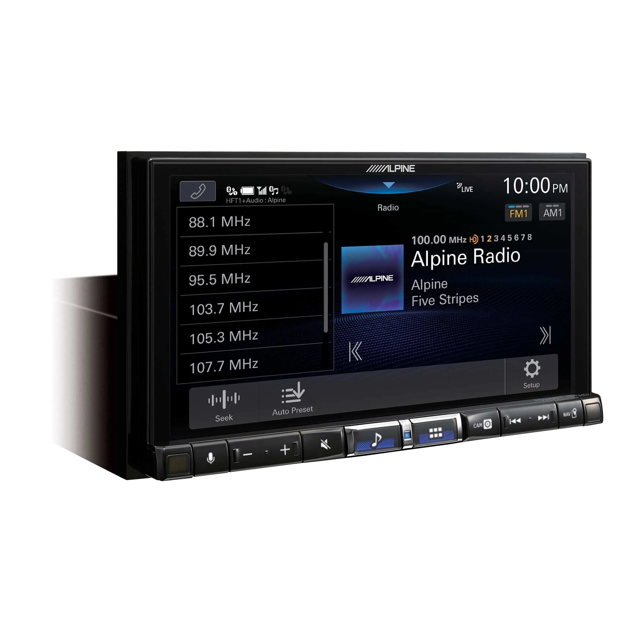 Digital car stereo display showing radio station tuned to Alpine Radio at 100.00 MHz with preset list on the left and control buttons at the bottom.
