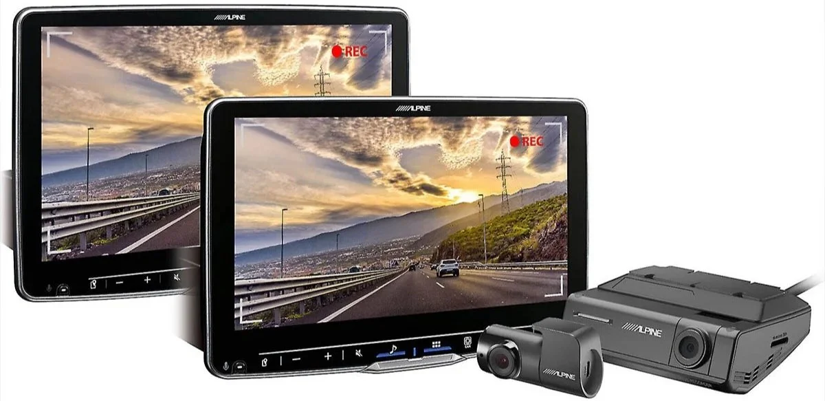 Two dashboard cameras capturing a scenic highway scene during sunset with mountains, power lines, and clouds