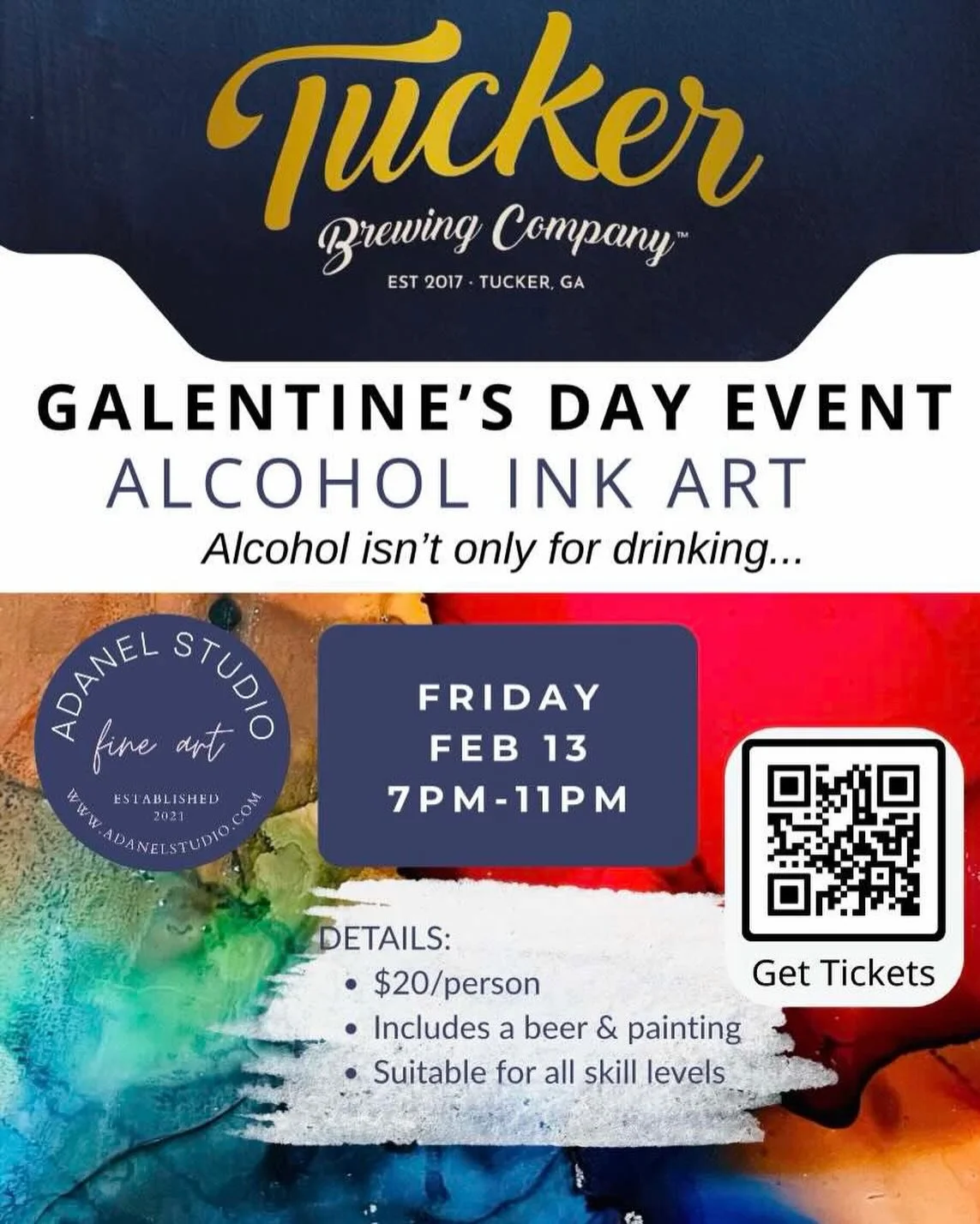 Get your tickets for this Friday! Simply screen shot this QR code! #tuckerbrewingco #tuckerga #eventsatl #artevent #valentines