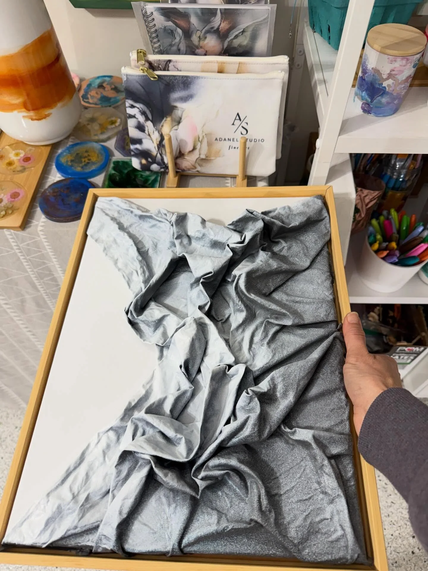 Just some stuff I&rsquo;m up to. Some new 3d fabric paintings which will be on exhibit @booksandbrew starting Saturday and I&rsquo;m also working on some wedding presents - monograms ring dishes. I work with @paiges_pretty_projects for all my sticker