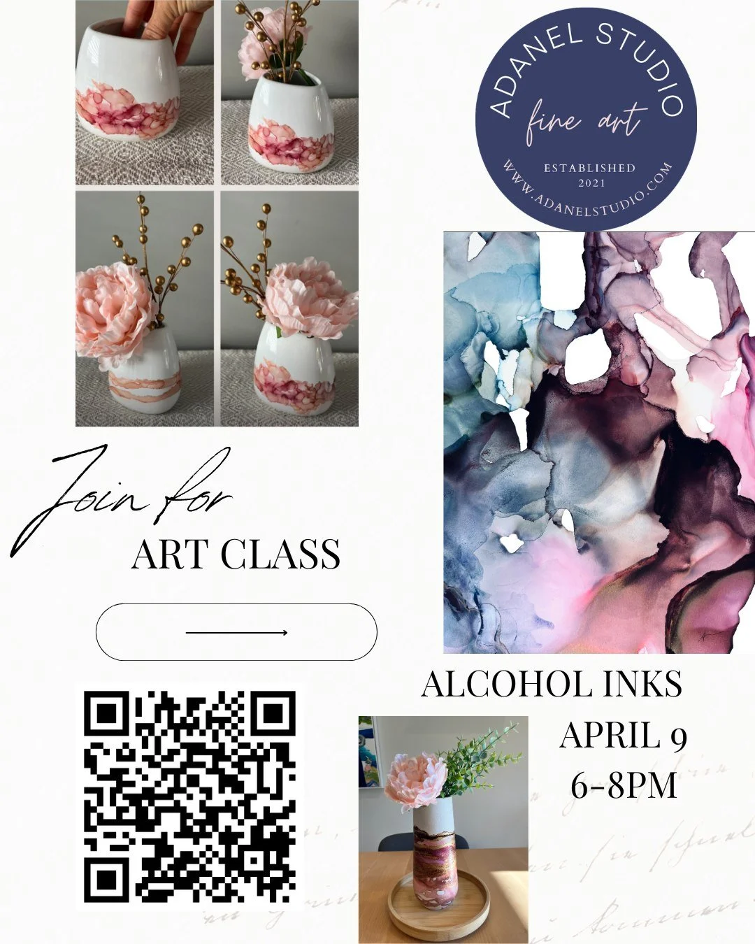 if you&rsquo;re in Pittsburgh Pennsylvania, this class is for you! Join me on Thursday,  April 9, (6pm-8pm) will to learn to GO WITH THE FLOW &amp; explore the beauty of alcohol ink art. Find the sign-up information in my link in the bio or scan this
