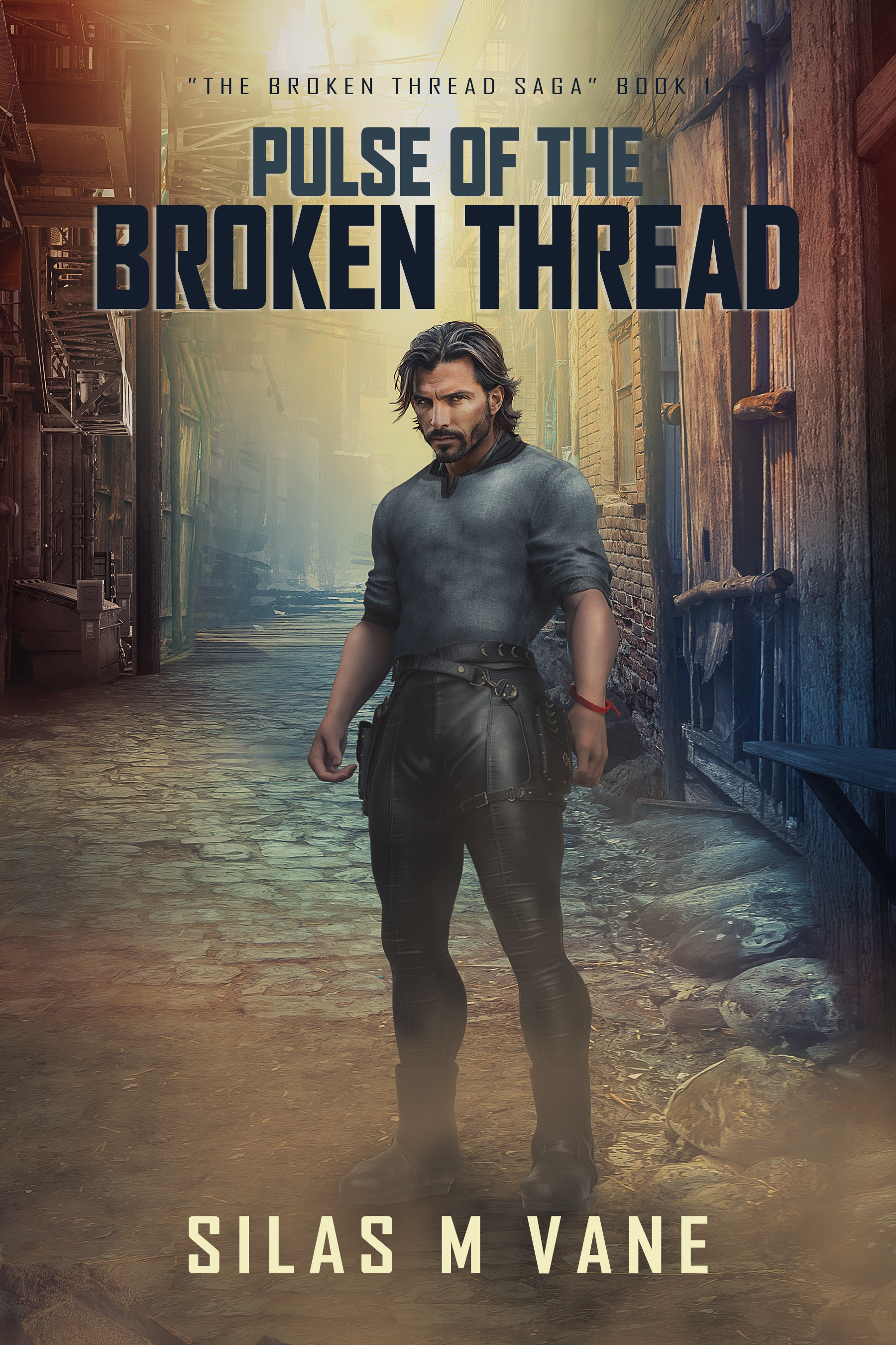 Book cover for 'Pulse of the Broken Thread' by Silas M Vane showing a man with long dark hair, beard, and rugged clothing standing on a cobblestone street in an alleyway with aged brick and wooden buildings, with a faint sunrise or sunset in the background.