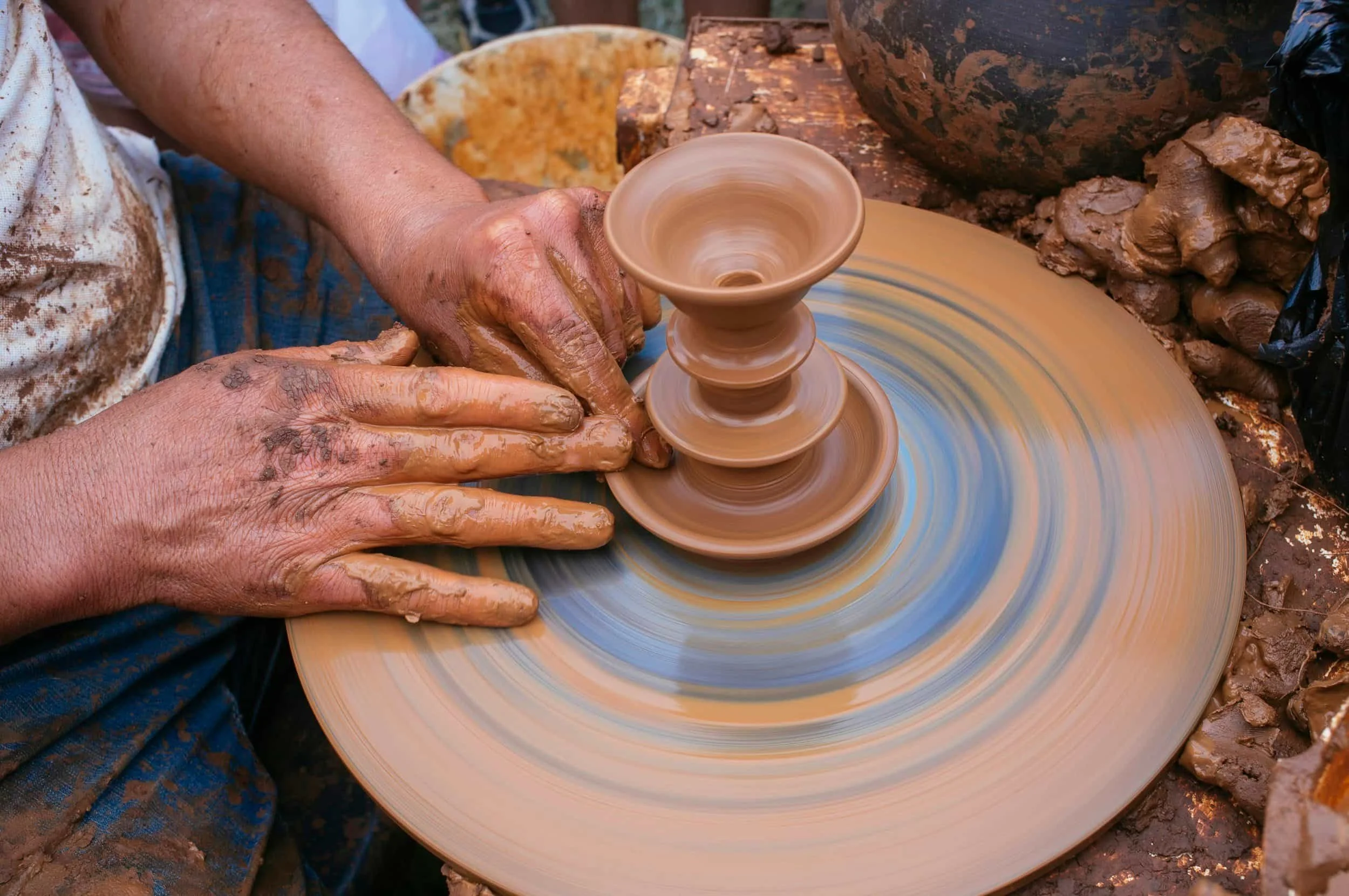 hand made pottery wheel being spun