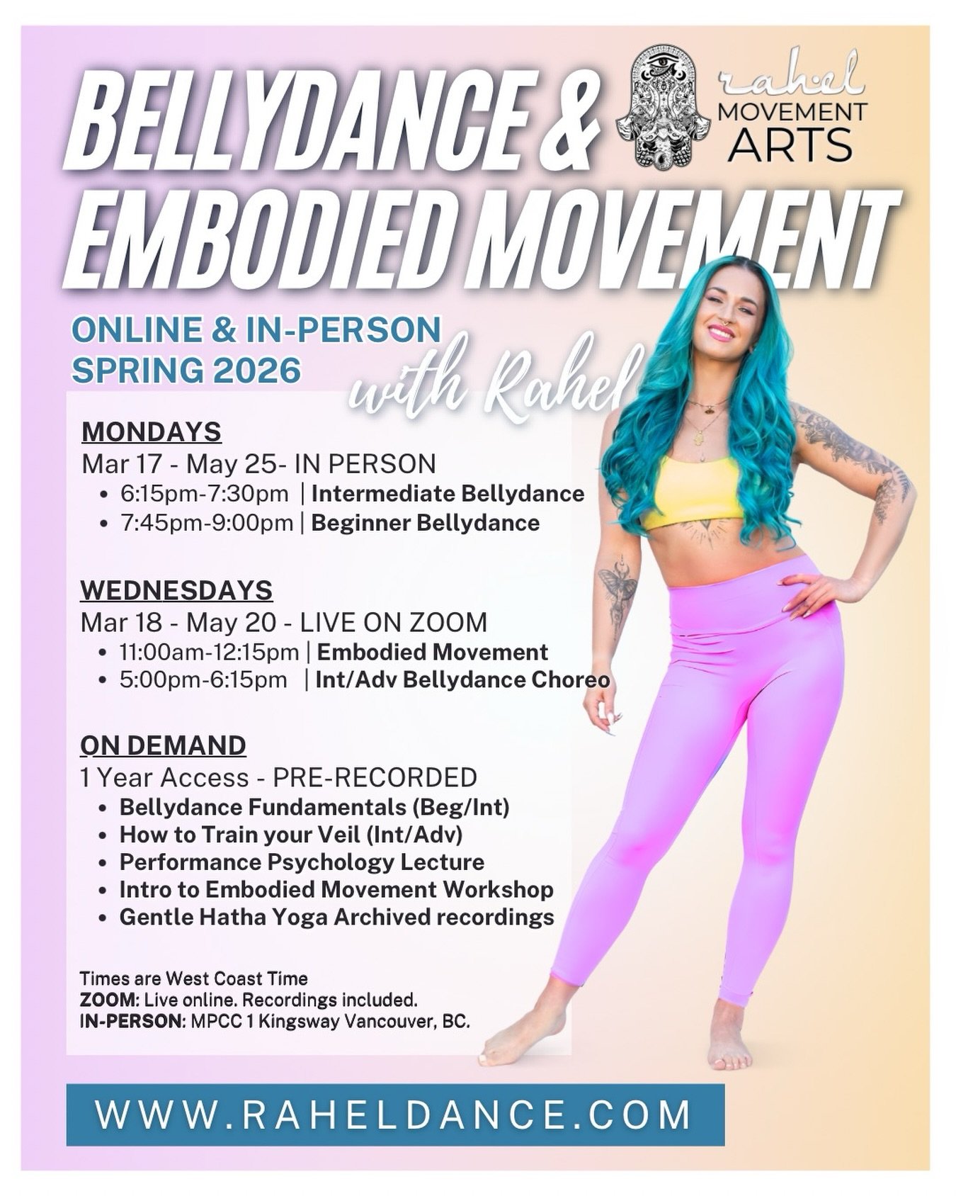 BELLYDANCE and EMBODIED MOVEMENT Classes with Rahel SPRING sessions 

Embodiment, empowerment, and self acceptance through mindful movement. 

Classes are fun, safe, interactive, inclusive, and body positive. 

Three ways to learn:
1. On Zoom (live w