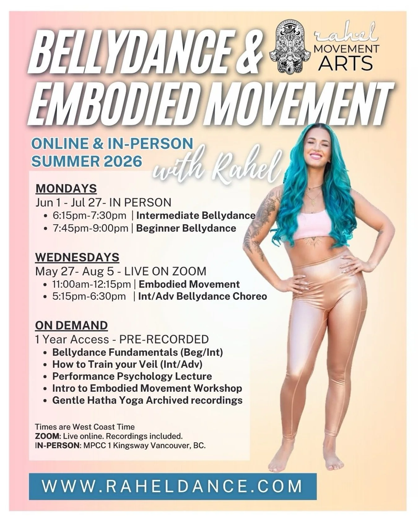 BELLYDANCE and EMBODIED MOVEMENT Classes with Rahel SUMMER sessions 

Embodiment, empowerment, and self acceptance through mindful movement. 

Classes are fun, safe, interactive, inclusive, and body positive. 

Three ways to learn:
1. On Zoom (live w