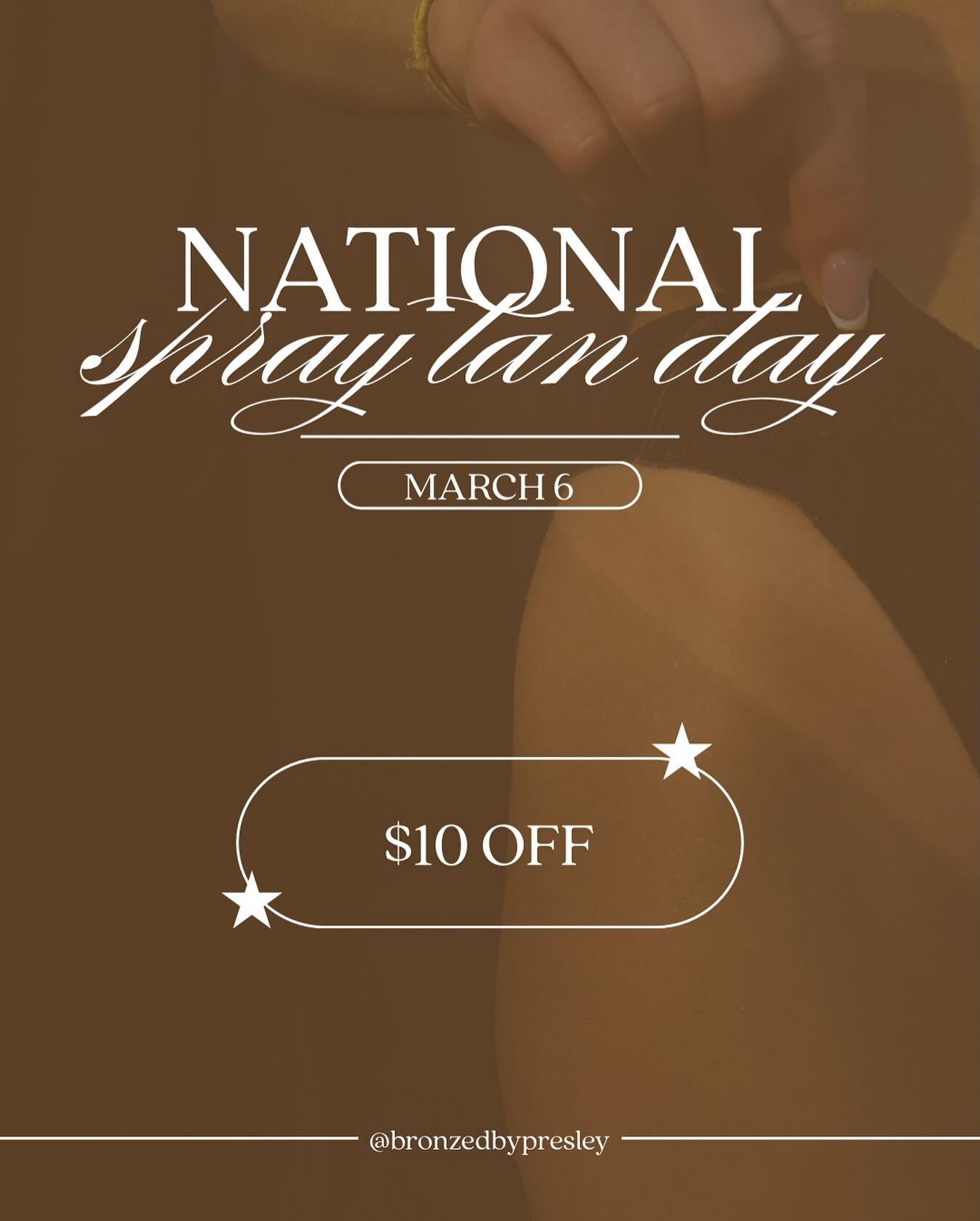 In honor of national spray tanning day, I&rsquo;ll be offering $10 off all spray tans March 6 &amp; 7! Mention it at checkout or when booking! Can&rsquo;t WAIT to spray you😚 

#spraytanning #spraytan #nationalspraytanningday #customspraytans #airbru