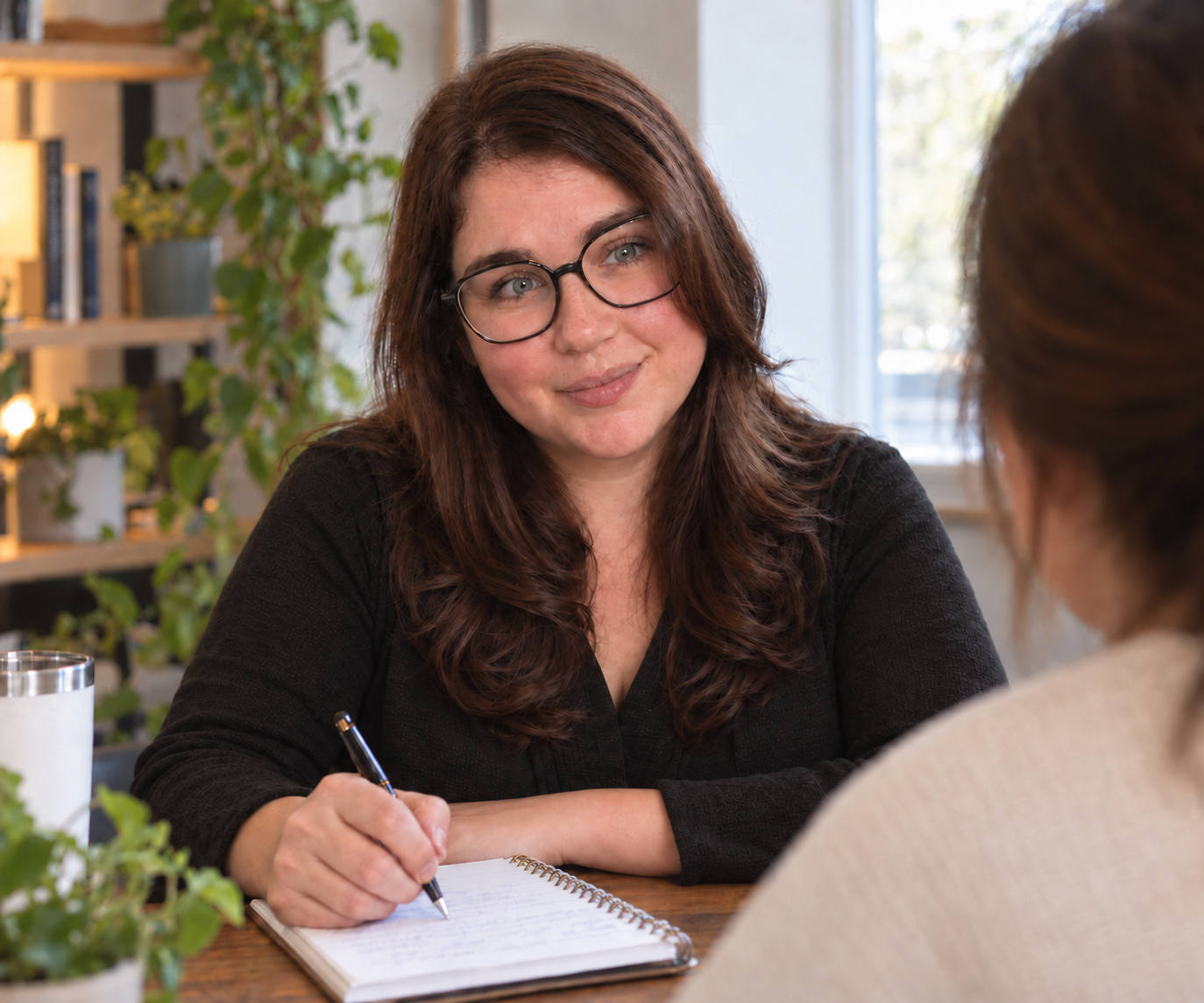 Hannah Cox, accountability coach, taking notes during a one-on-one coaching session with a client