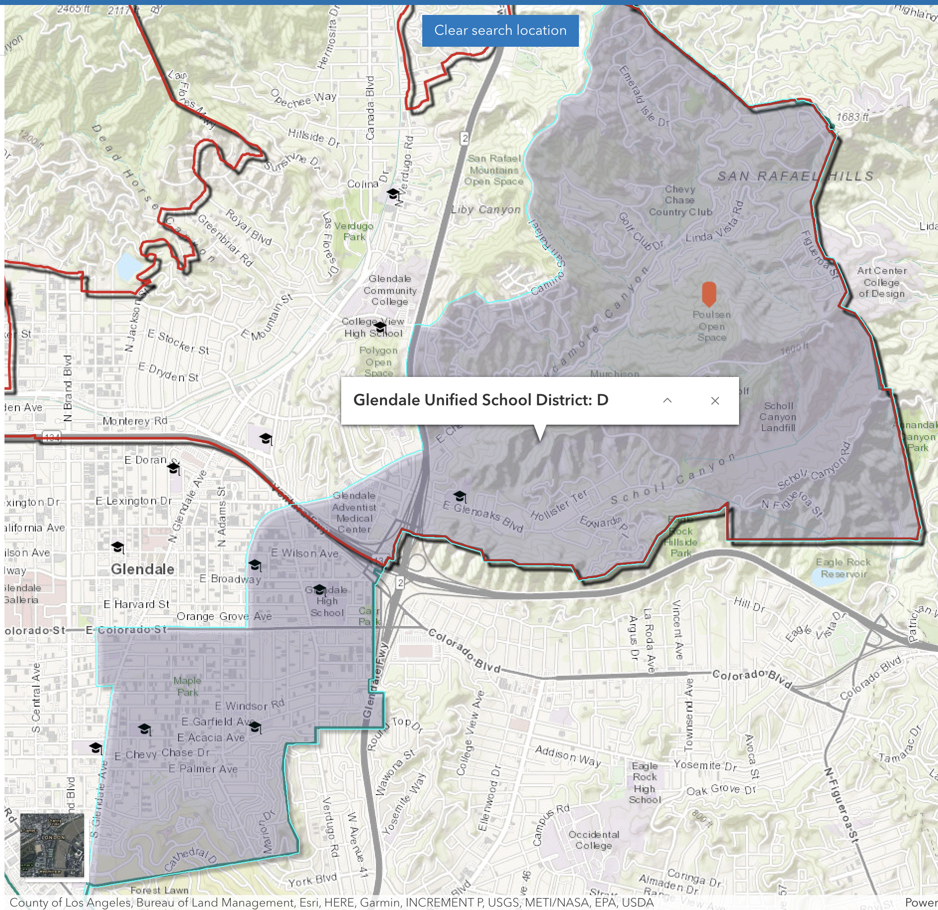 Map showing the boundaries of Glendale Unified School District D in Los Angeles, California, with highlighted area, surrounding roads, parks, and landmarks.