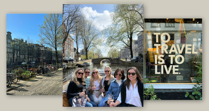Three separate scenes: the first shows bicycles parked on a canal street with historic buildings, the second shows five women sitting by a canal with trees and a bridge, holding drinks and smiling, and the third shows a window with the quote 'To travel is to live' written on it, with plants inside.