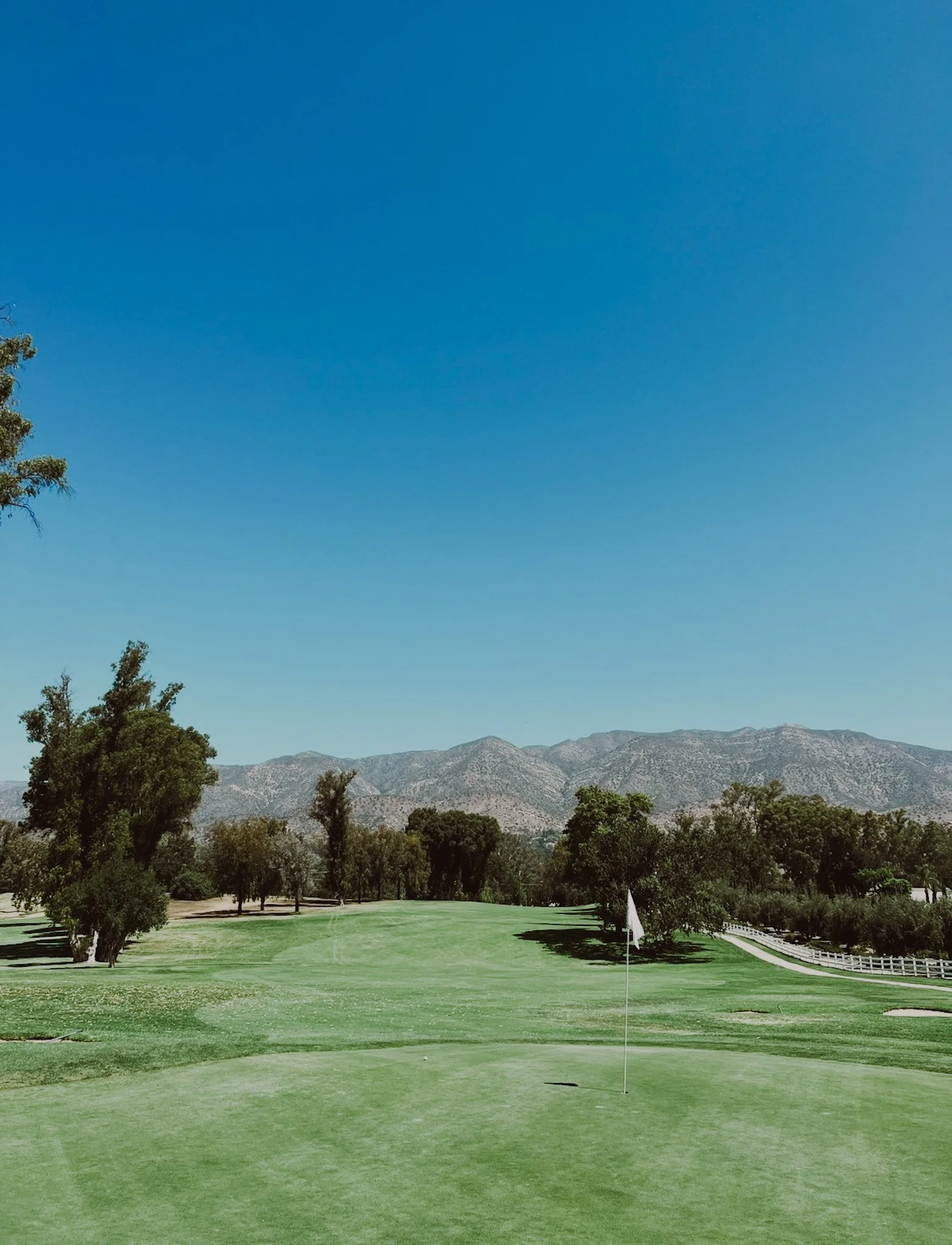 A golf course with a putting green, flag, trees, and distant mountains under a clear blue sky.