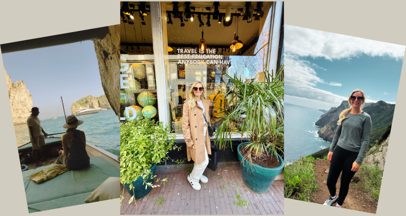 A collage of three photos featuring a woman with blonde hair and sunglasses in outdoor and indoor settings. In the first photo, she is sitting on a boat by rocky cliffs and water, wearing a hat and light-colored clothing. In the second, she is standing outside a store with glass windows, plants, and a sign that reads "Travel is the best education anybody can have," wearing a tan trench coat and white sneakers. In the third photo, she is standing on a trail overlooking a coastal landscape with cliffs and ocean, dressed in a gray top and black pants.