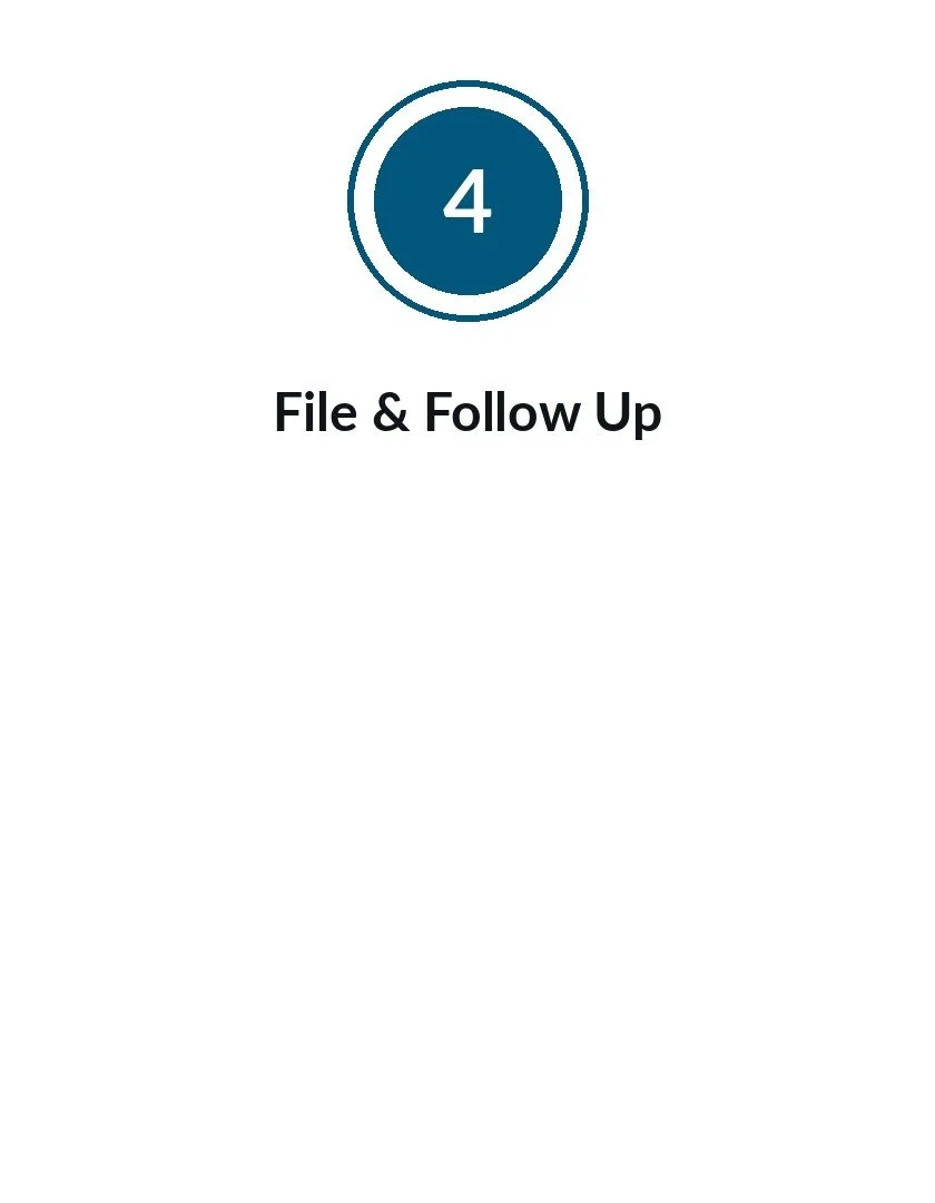 Slide with a circular icon with the number 4 and the text 'File & Follow Up' underneath.