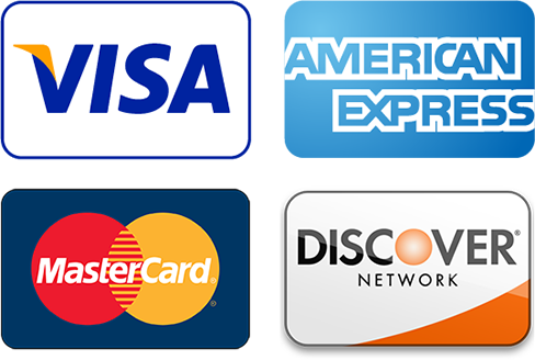 Logos of Visa, American Express, MasterCard, and Discover Network.