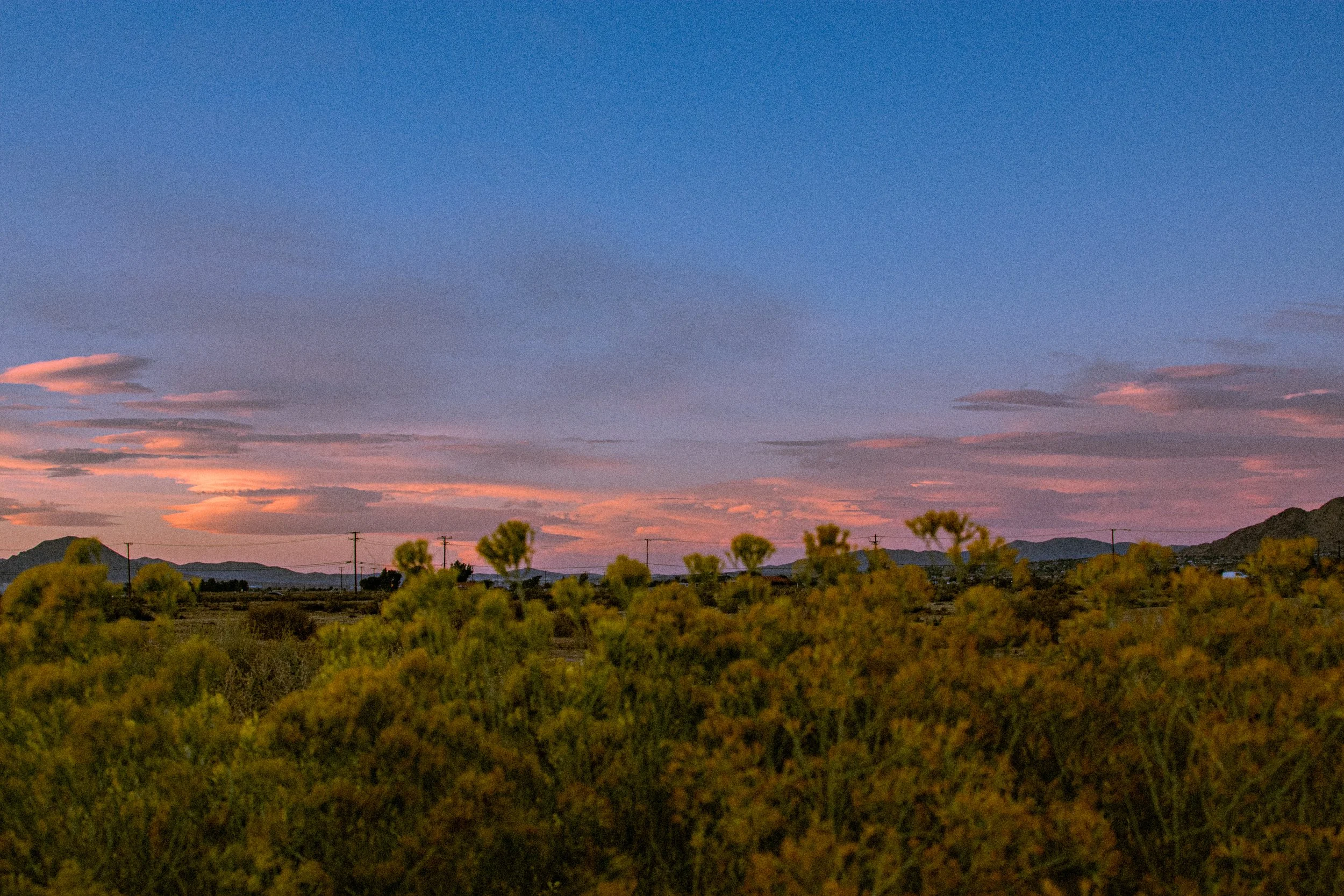 A desert landscape at sunset with a colorful sky, distant mountains, and sparse vegetation.